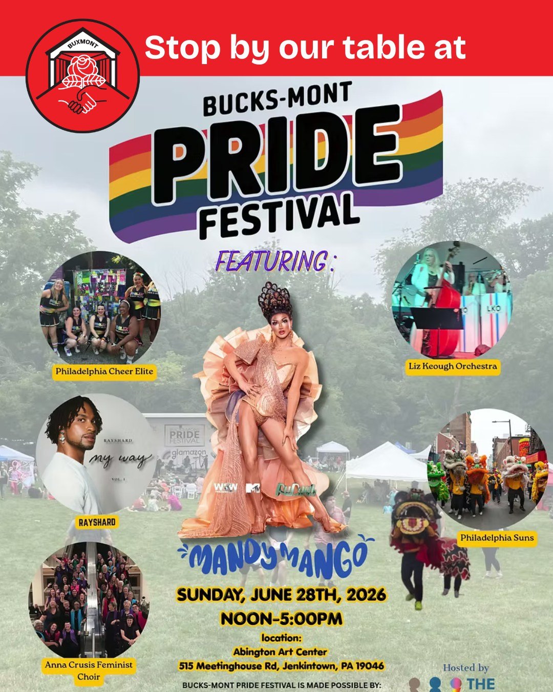 TOMORROW! Join us at the Bucks-Mont Pride Festival from 12-5PM at Abington Art Center. Stop by our table to learn more about BuxMont DSA and enjoy live music, food, community, resources, family-friendly activities, and more at this free indoor/outdoo