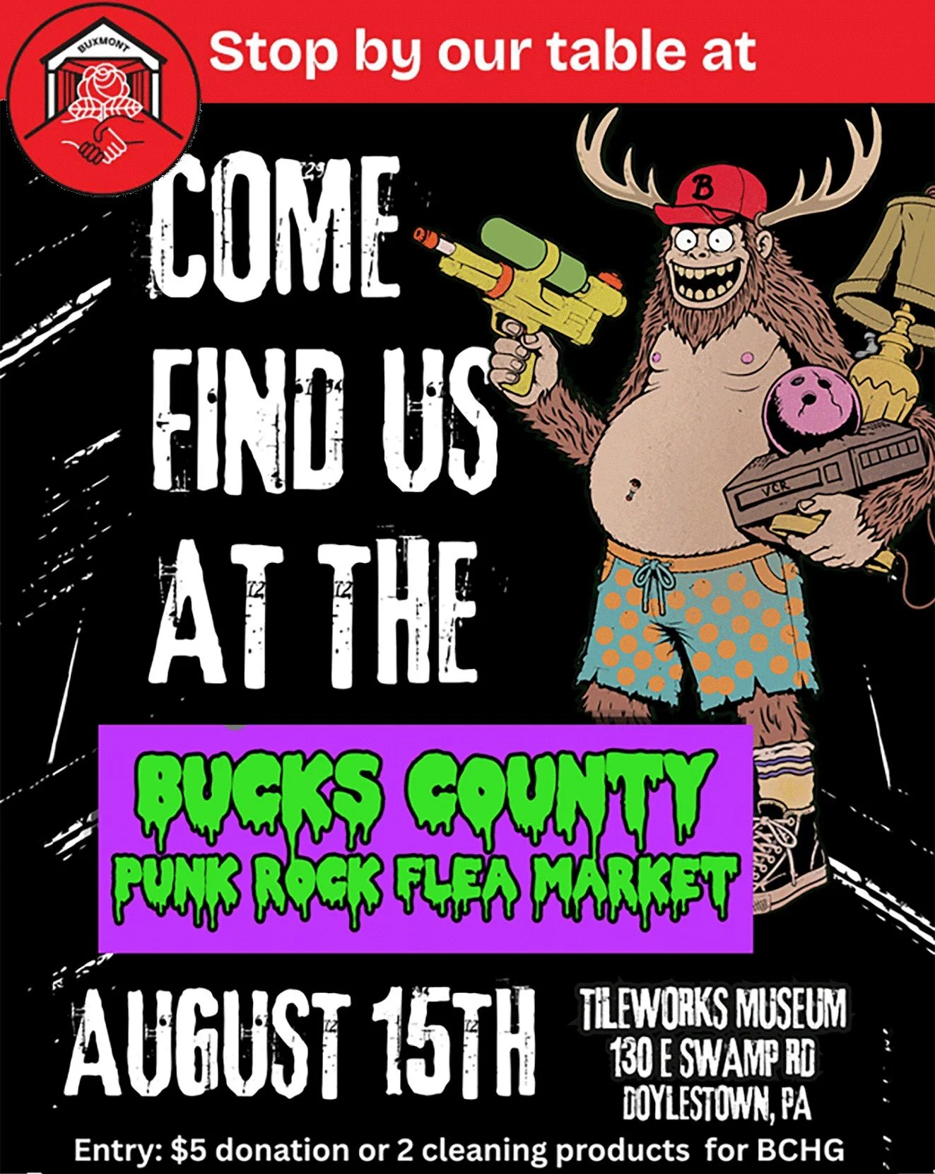 SATURDAY! Join us at the @BucksCountyPunkRockFlea from 11-5PM at TileWorks in Doylestown, PA. Stop by our table to learn more about BuxMont DSA and enjoy live music, food, community, and shop some small businesses/artists at this charity event for Bu