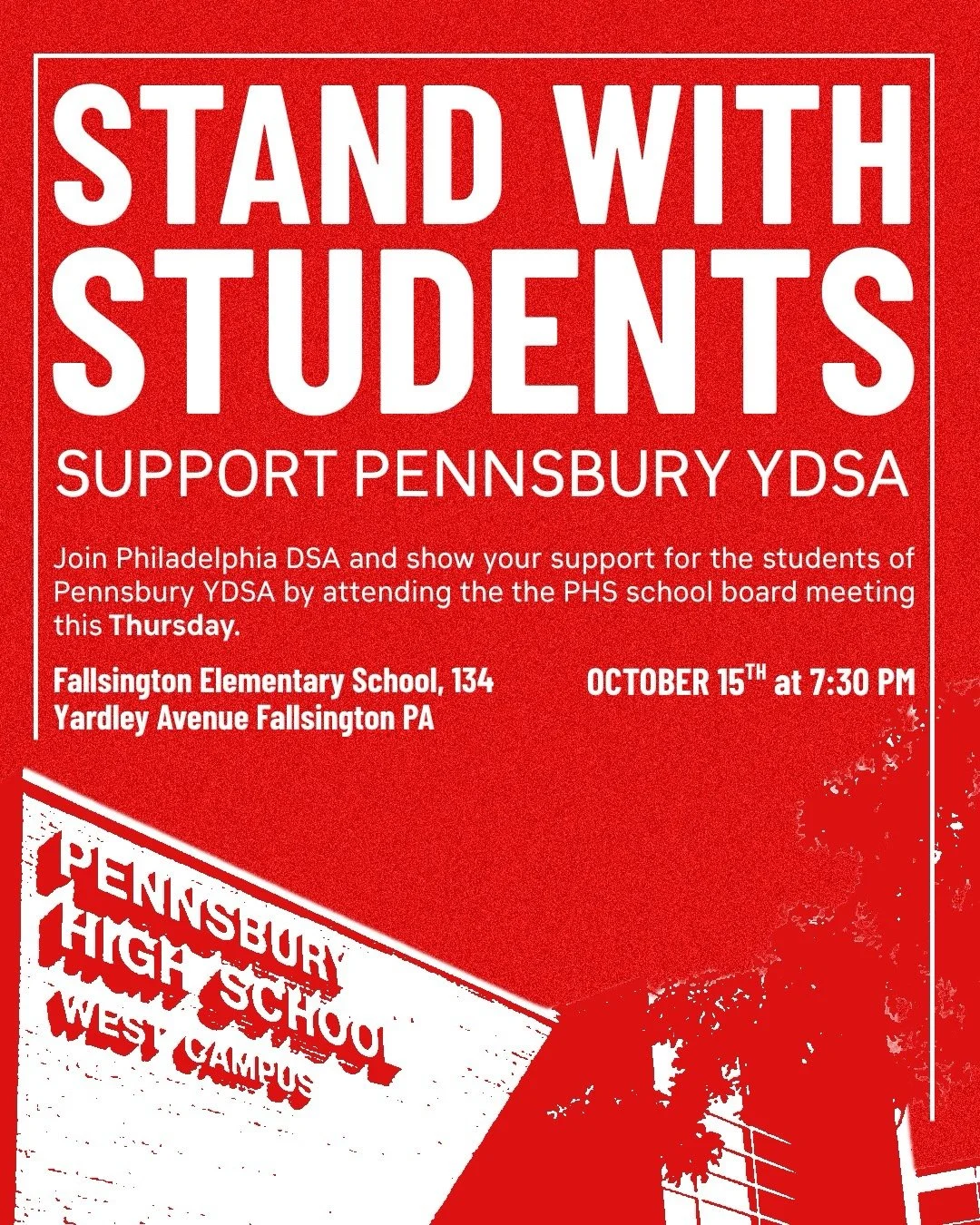 Join @phillydsa and @buxmontdsa to support @pennsbury.ydsa at the 10/15 School Board meeting at 7:30PM. #cancellunchdebt #freepalestine