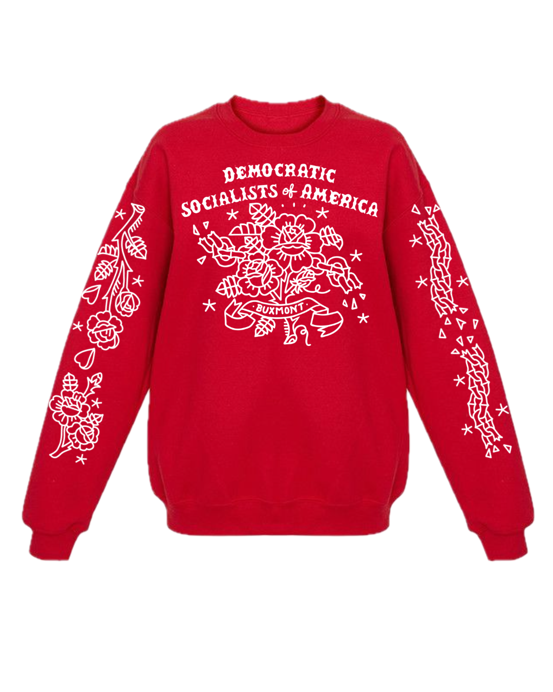 Red sweatshirt with white design and text that reads "Democratic Socialists of America" with "BuxMont" below.