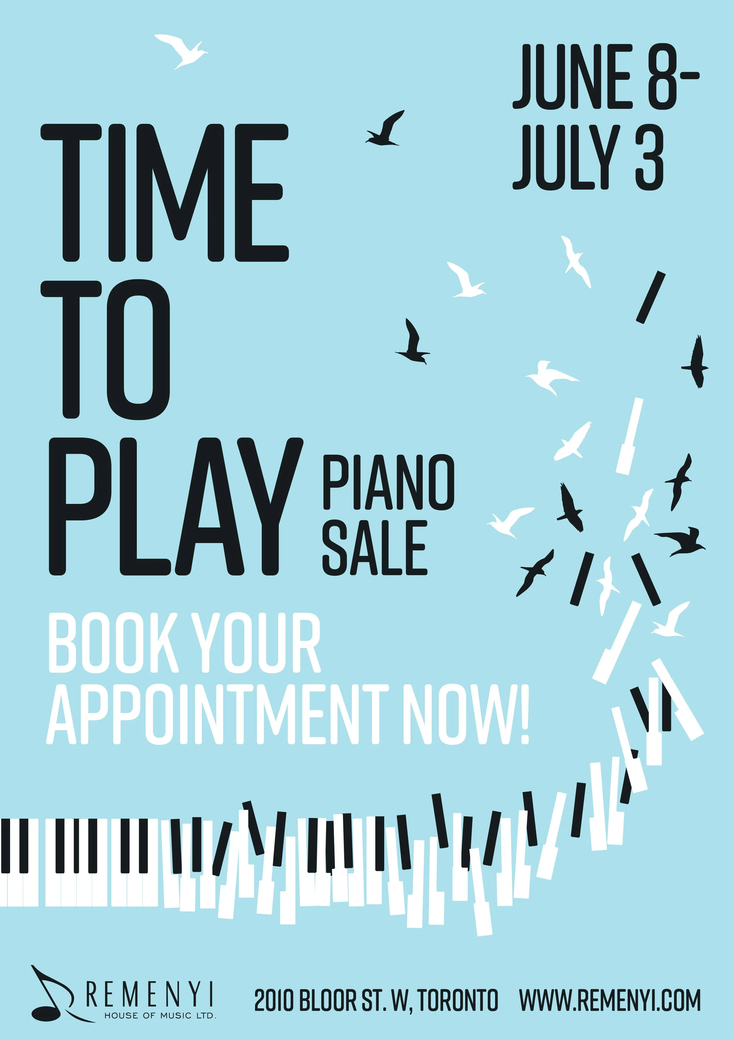 Poster advertising a piano sale, showing piano keys transforming into birds in flight across the composition.