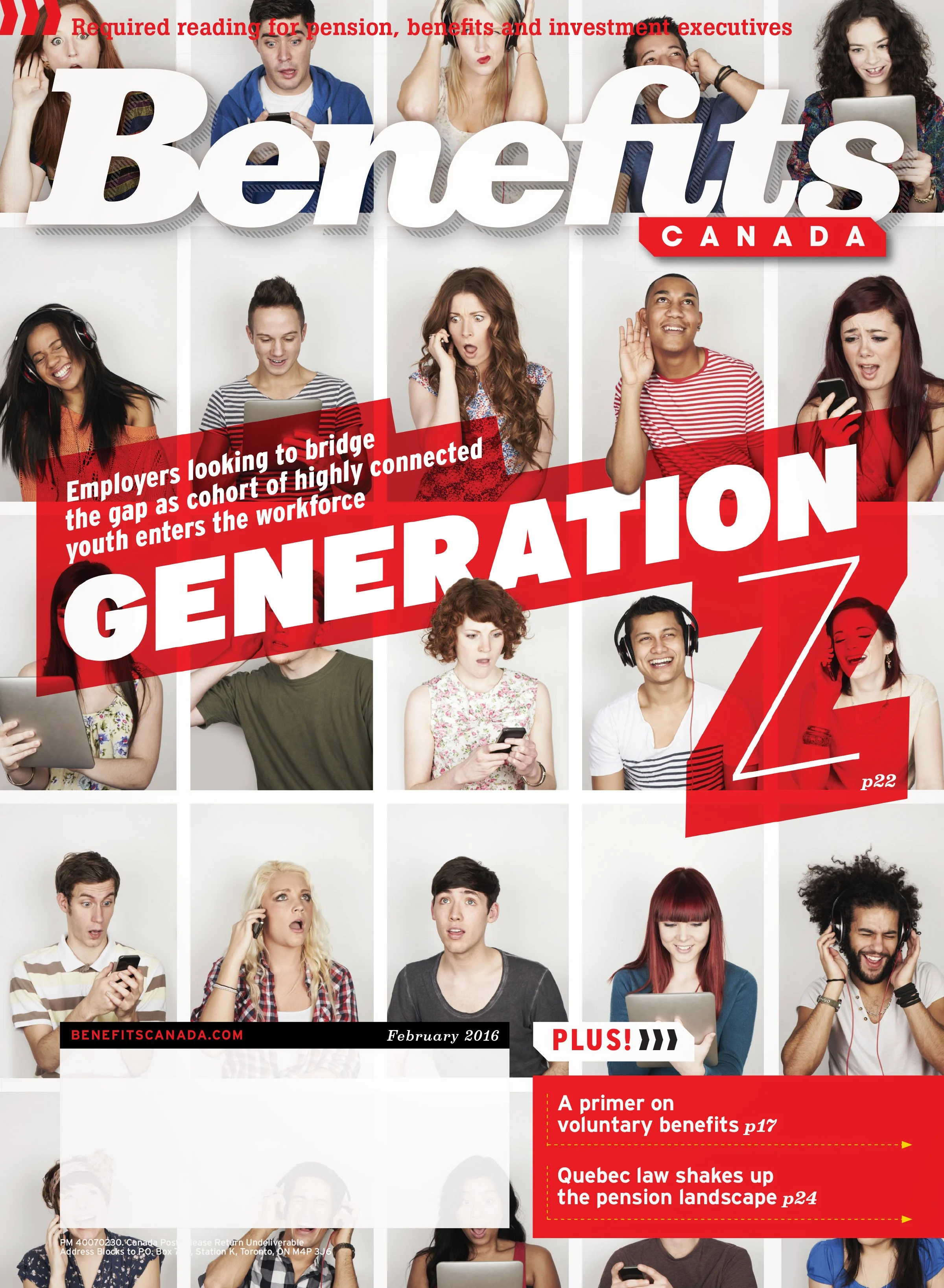 Magazine cover for Benefits Canada featuring a composite portrait treatment representing Generation Z in the workforce.