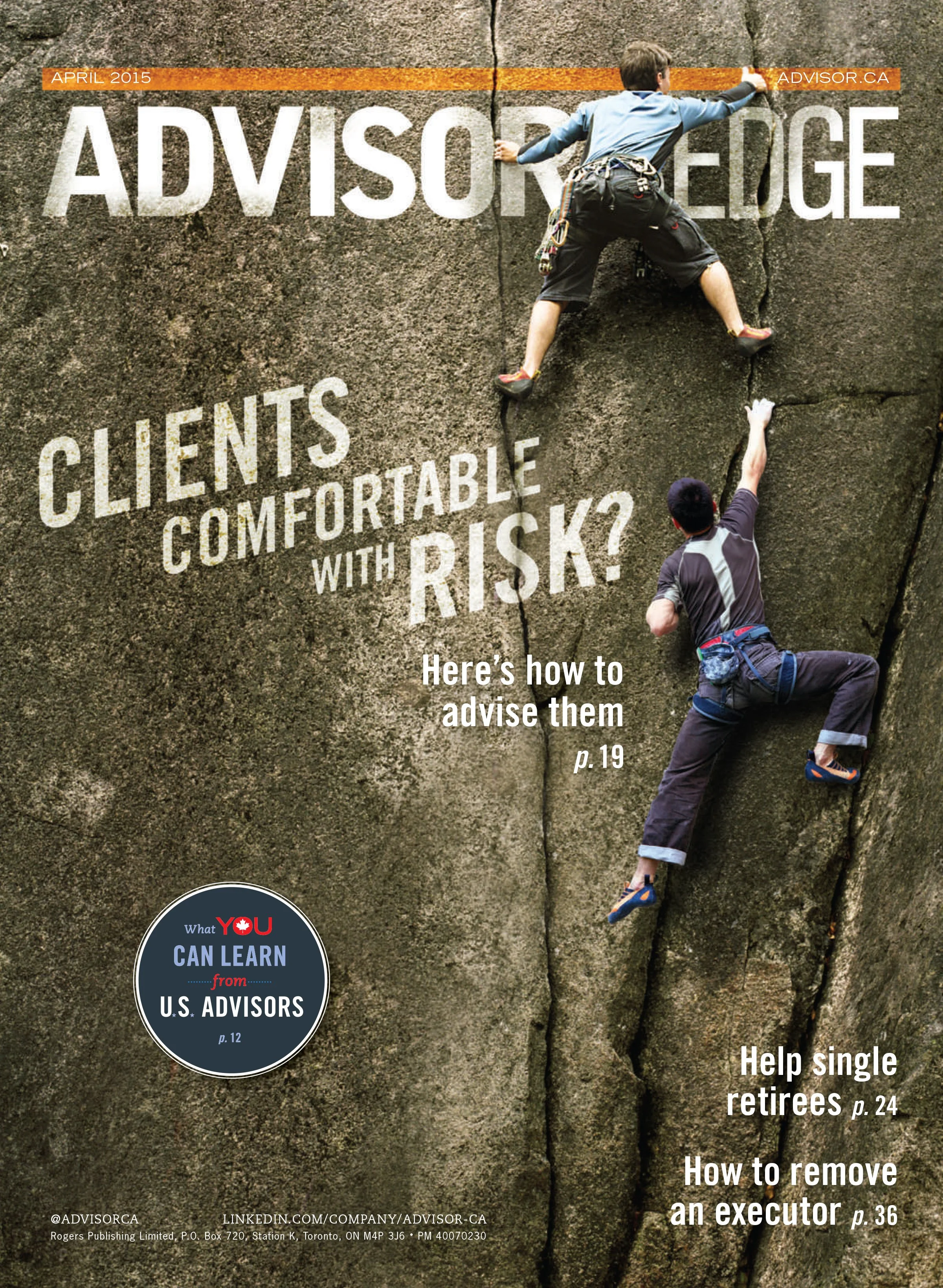 Magazine cover showing two rock climbers on a cliff face, illustrating themes of risk and reward.