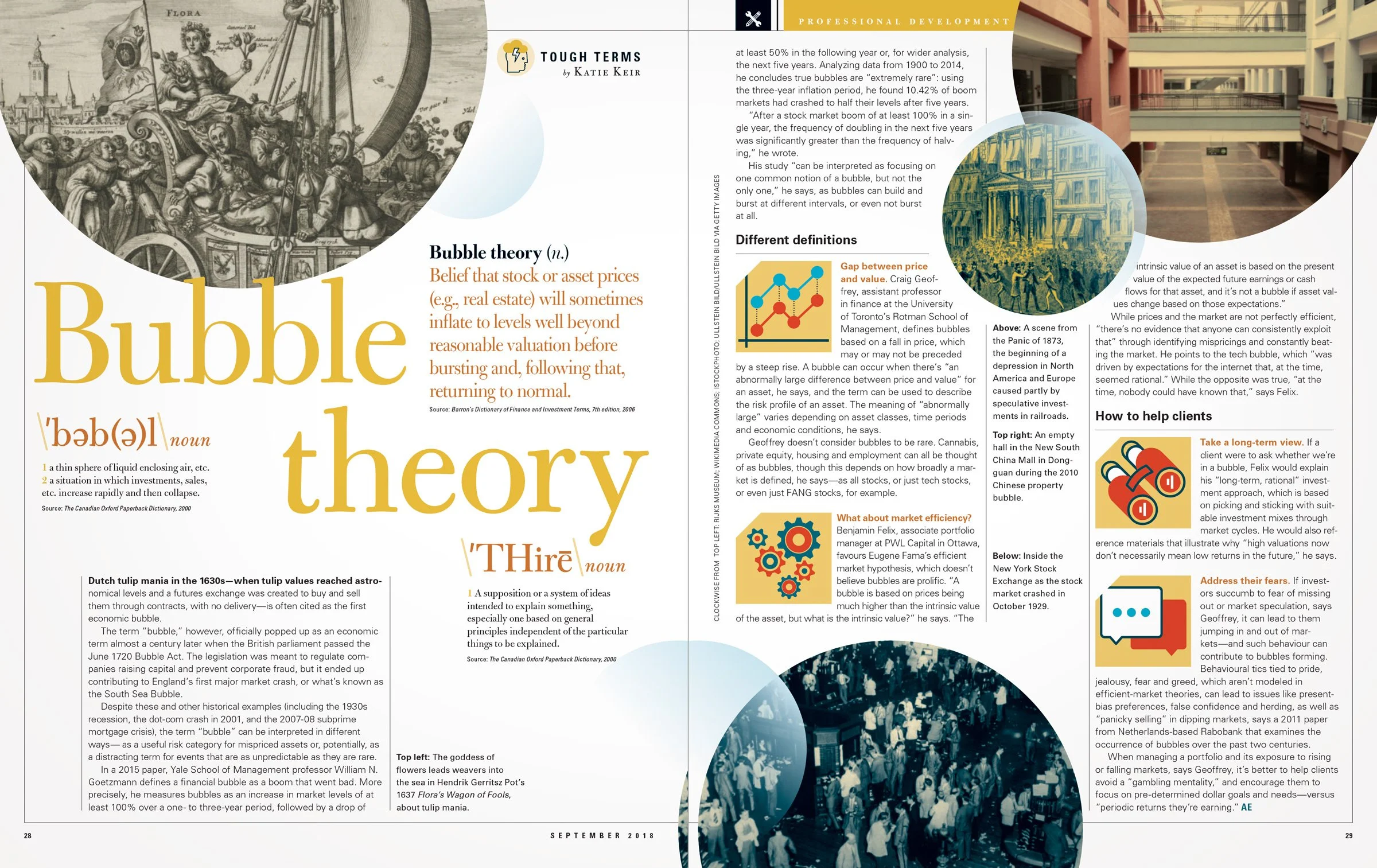Interior magazine spread with charts, illustrations, and text explaining economic bubble theory.