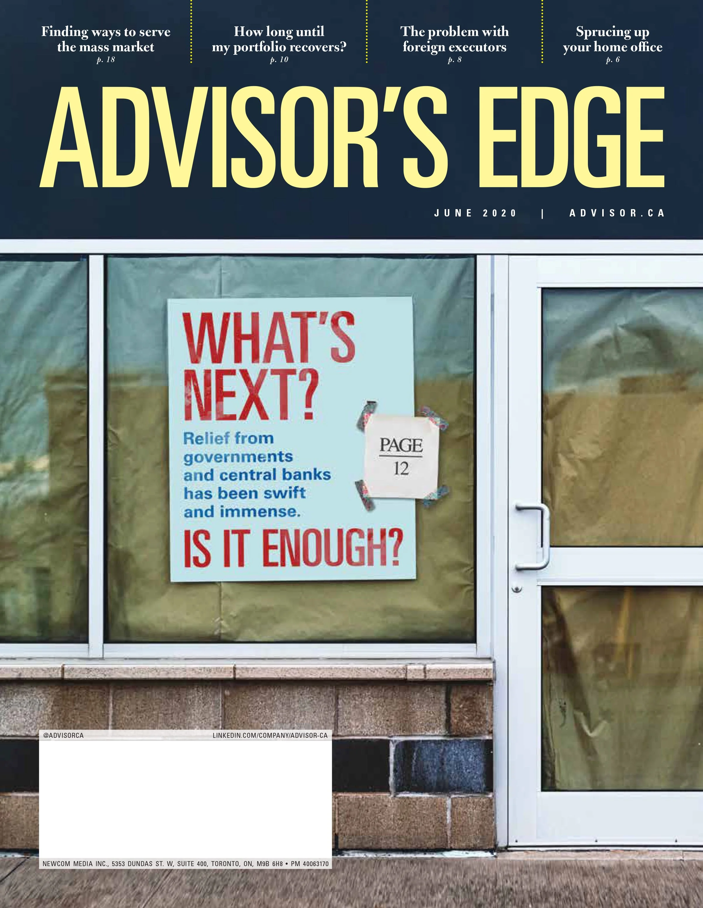 Magazine cover showing an empty storefront with a poster visible through the glass door.