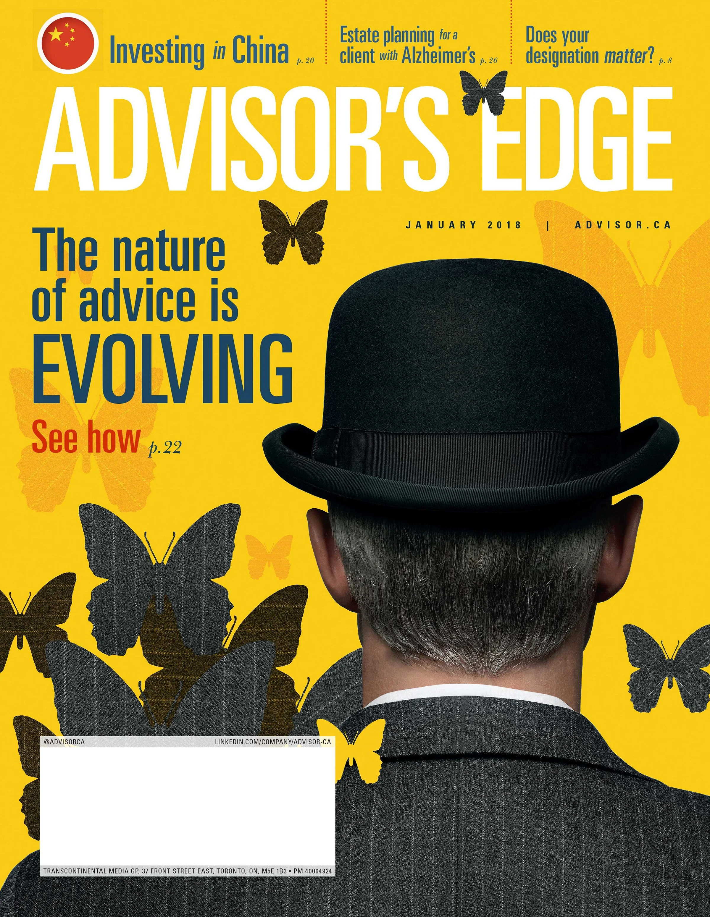 Magazine cover featuring a man in a suit and bowler hat seen from behind, with butterflies surrounding him.
