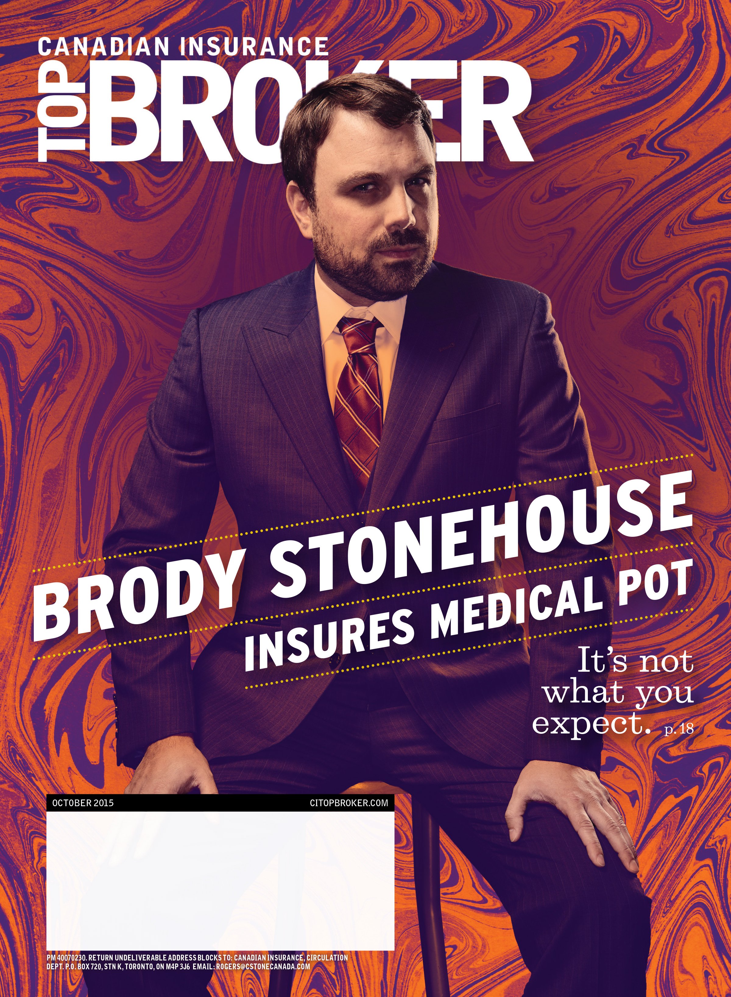 Magazine cover for Canadian Insurance Top Broker addressing unconventional insurance sectors through bold editorial imagery.