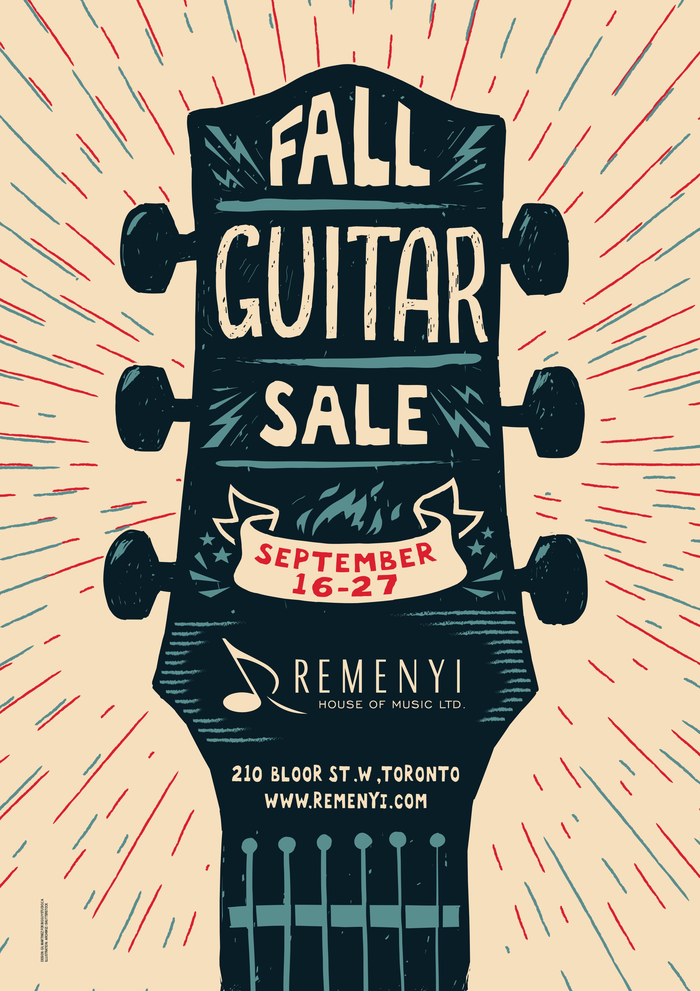 Poster advertising a guitar sale, featuring a close-up of a guitar headstock with hand-drawn typography and a textured graphic style.