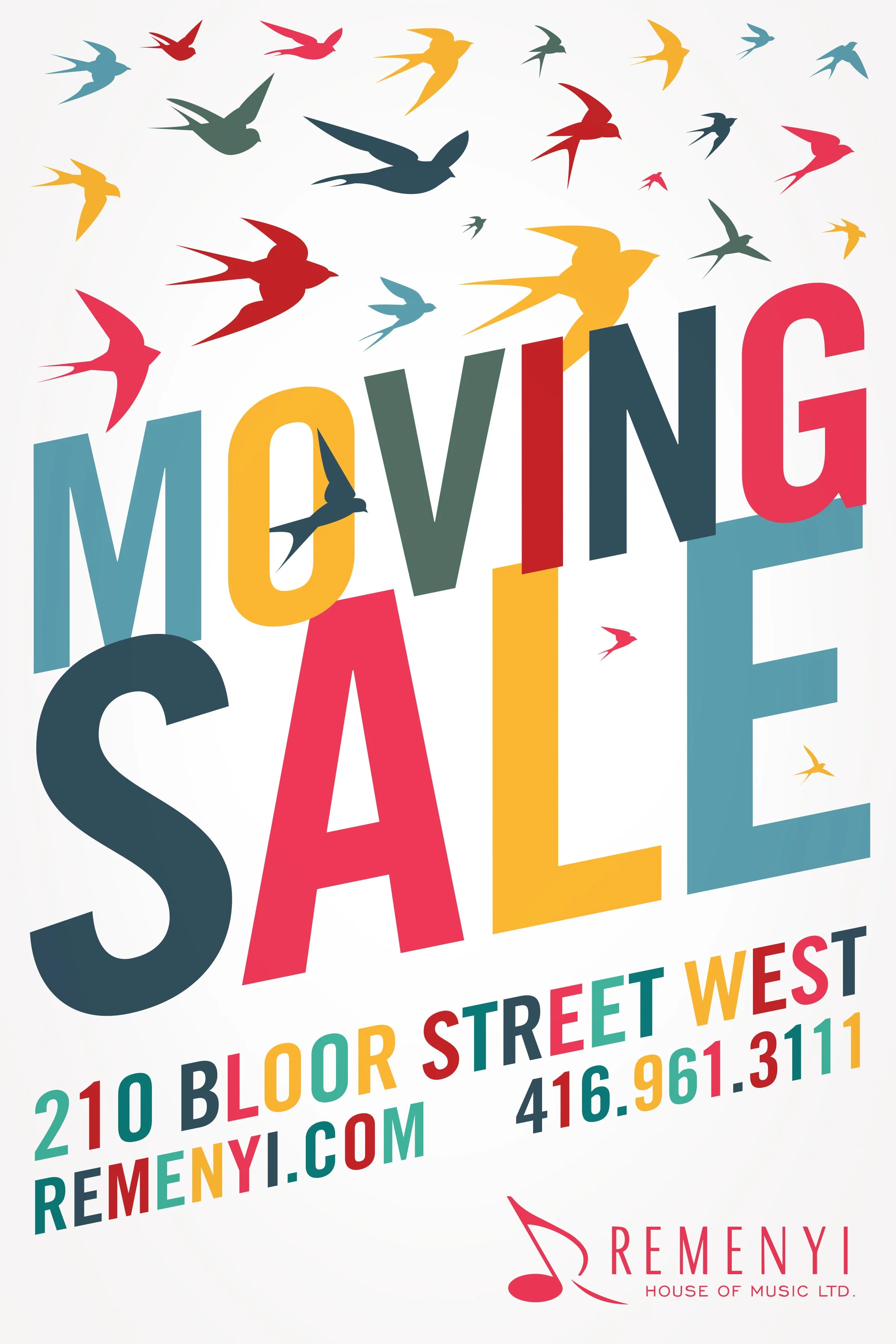Poster advertising a moving sale, featuring a flock of birds arranged dynamically around the headline text.