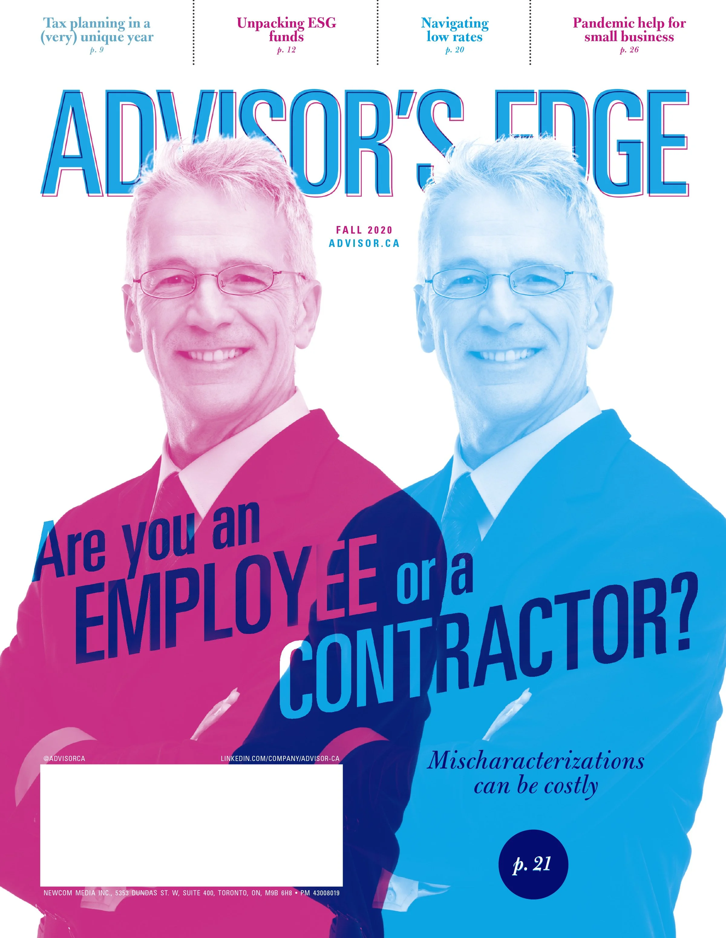 Magazine cover showing duplicated figures in cyan and magenta, creating an overlapping visual effect.