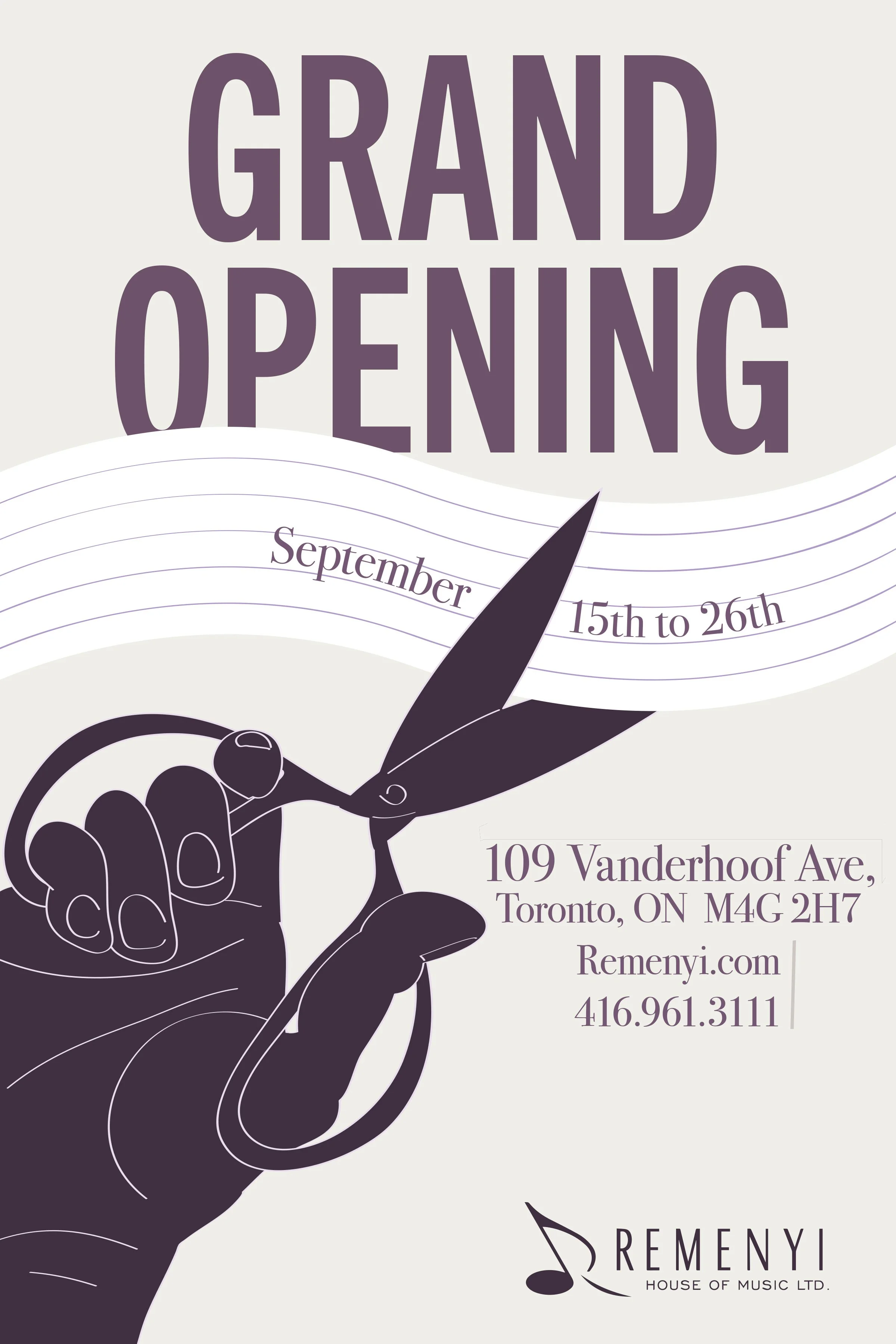 Poster advertising a grand opening, showing a close-up of hands cutting ceremonial tape arranged in a star-like formation.