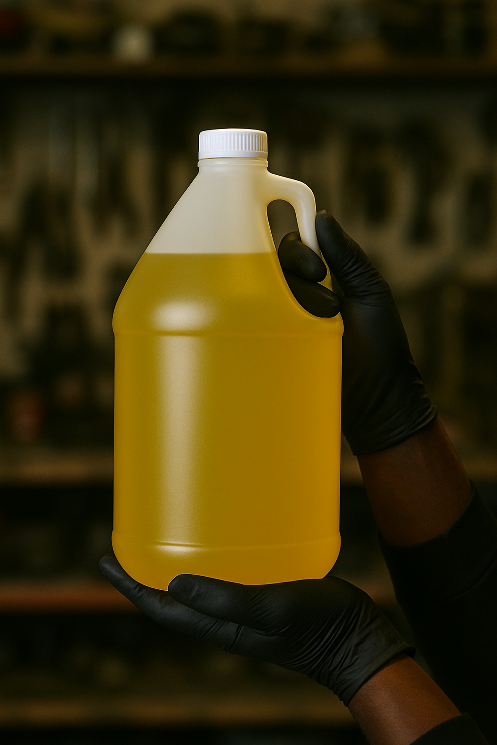 A person wearing black gloves holding a large yellow bottle of cleaning solution or liquid with a white cap.