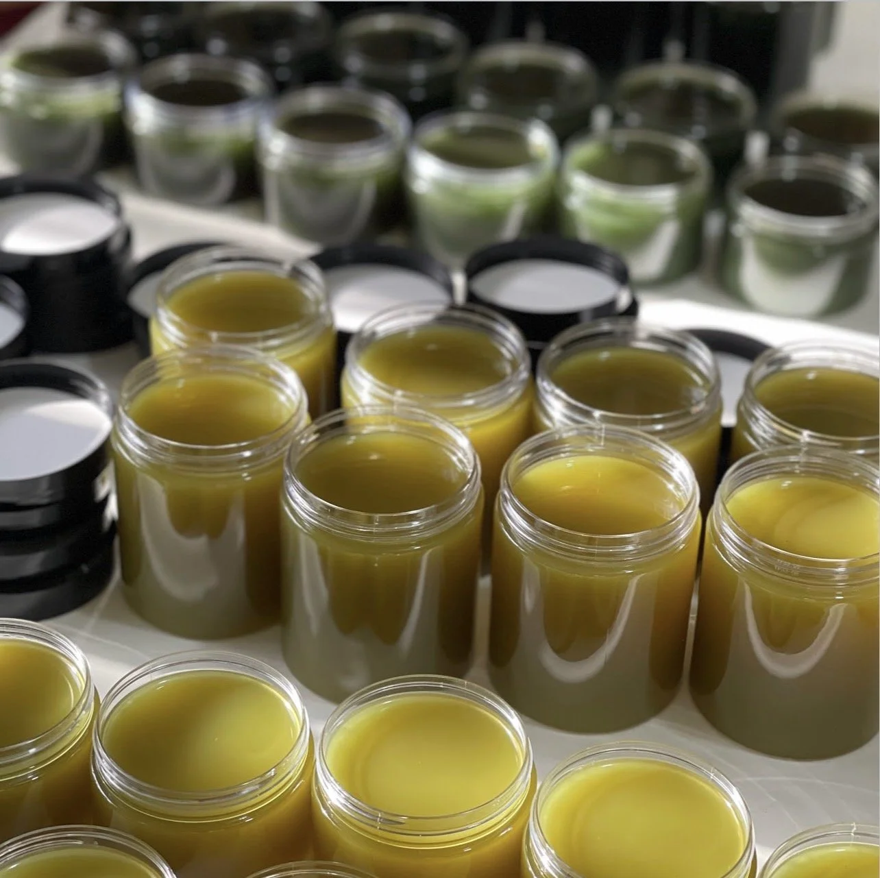 Rows of small jars filled with yellow substance, likely wax or balm, with a blurred background of additional jars containing green and dark-colored products.
