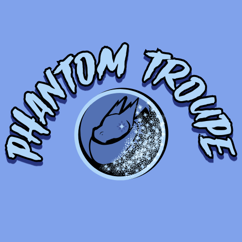 Stylized logo with a smiling dinosaur head inside a circle, surrounded by the text "Phantom Troupe" on a blue background.