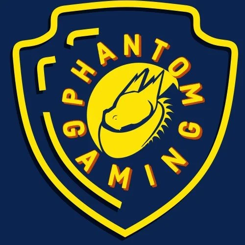 Alpha Phantom Gaming logo featuring a yellow and blue shield with a stylized yellow fish or dragon head inside.