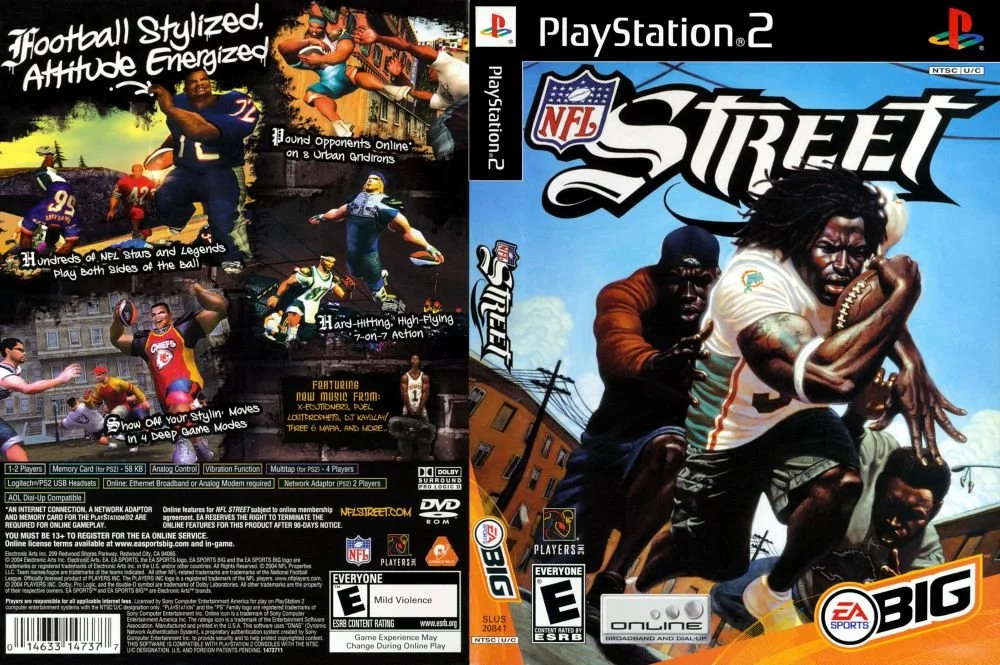 Cover art for NFL Street video game featuring stylized graffiti-style football players, with a large player holding a football in the foreground. The background includes urban scenes and other players in action. The game is for PlayStation 2, with branding from EA Sports, NFL, and Big Banner.