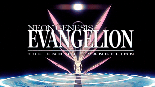 Title screen for the anime 'Neon Genesis Evangelion: The End of Evangelion' featuring a giant, robotic figure with pink and purple spikes emerging from it, set against a dark background with a circular pattern on the ground.