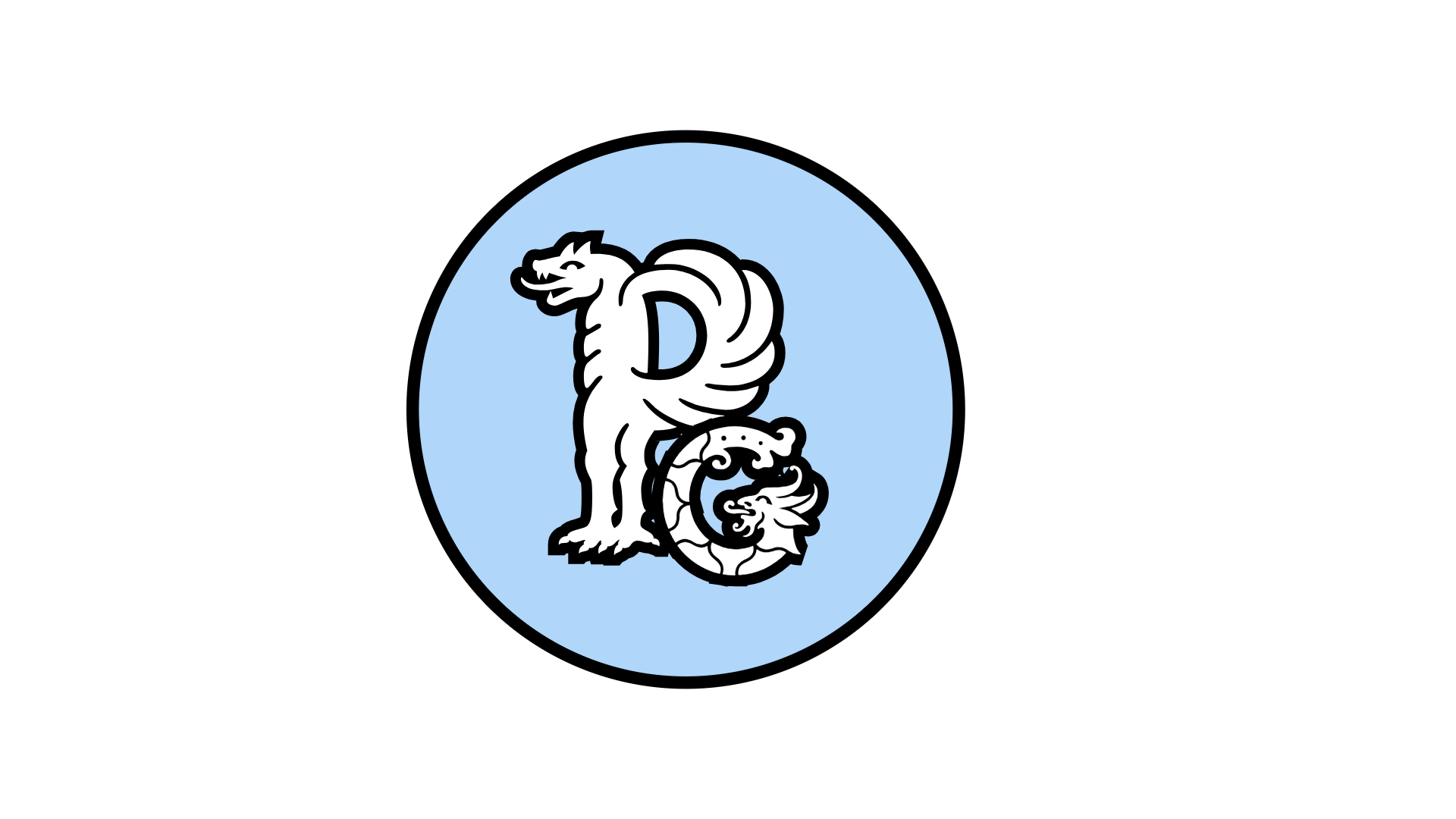 A circular logo with a light blue background featuring a stylized white mythical creature that has the body of a snake, the head of a dragon, and wings. The creature is intertwined with a snake, and there is a large letter 'D' in the creature's chest.