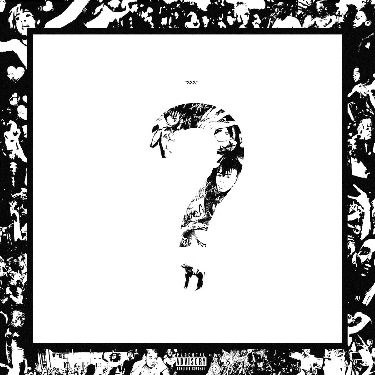 Black and white collage-style album cover with a large question mark at the center, filled with various images of people and graffiti, surrounded by a border of smaller images depicting scenes of crowds, portraits, and urban life, with a parental advisory label at the bottom.