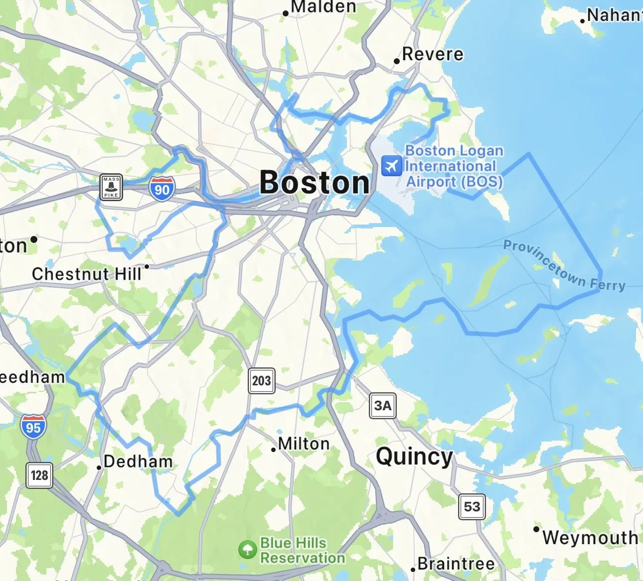 Map of Boston, Massachusetts, showing major roads, neighborhoods, Boston Logan International Airport, and surrounding towns like Quincy, Dedham, Weymouth, and Revere.
