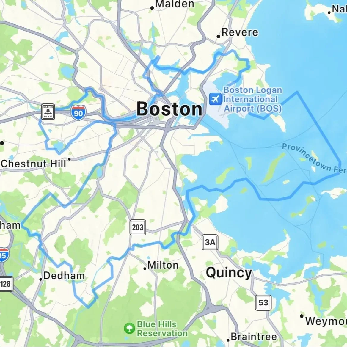 Map of Boston and surrounding areas, including nearby towns such as Quincy, Milton, Dedham, and Chestnut Hill, with major roads and locations like Boston Logan International Airport and Blue Hills Reservation.