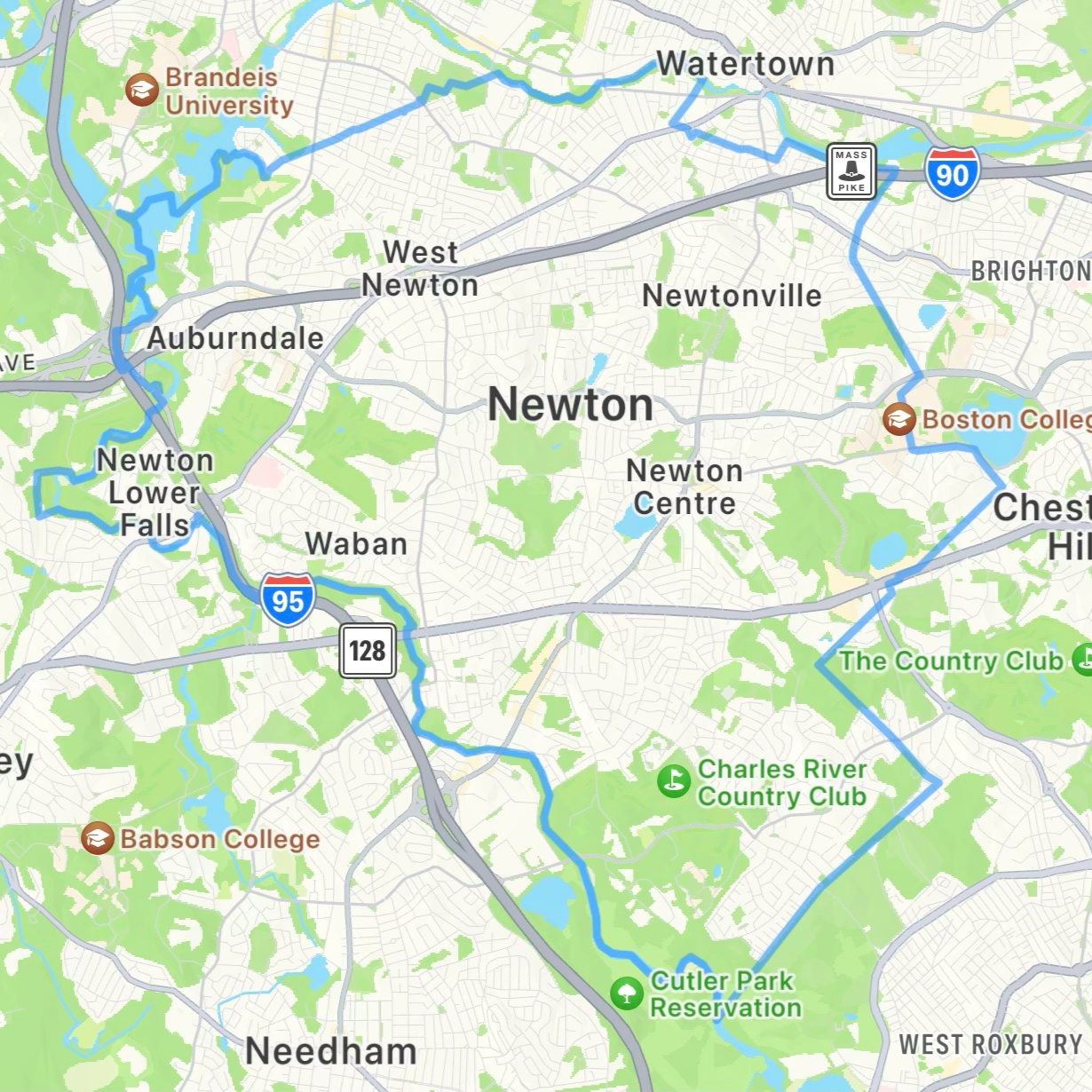 Map of Newton, Massachusetts showing major roads, parks, and landmarks including Brandeis University, Boston College, Babson College, Charles River Country Club, and Cutler Park Reservation.