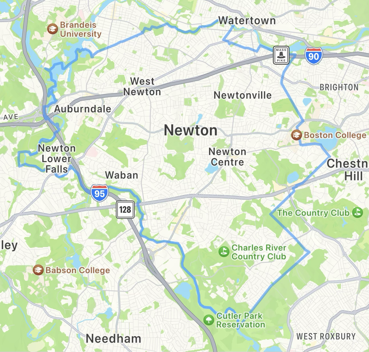Map of Newton, Massachusetts showing major highways, parks, and landmarks, including Boston College, Babson College, West Roxbury, and the Charles River Country Club.
