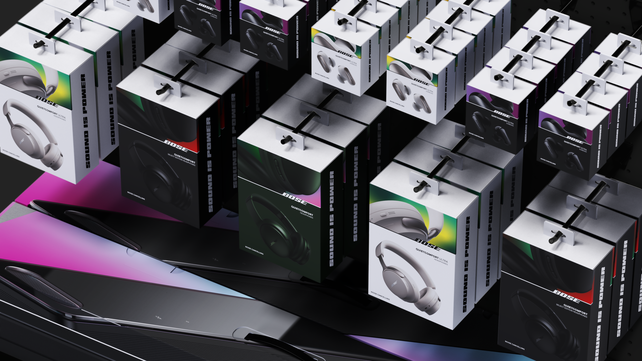 High-fidelity 3D KeyShot render of Bose headphone packaging in a retail shelf environment.