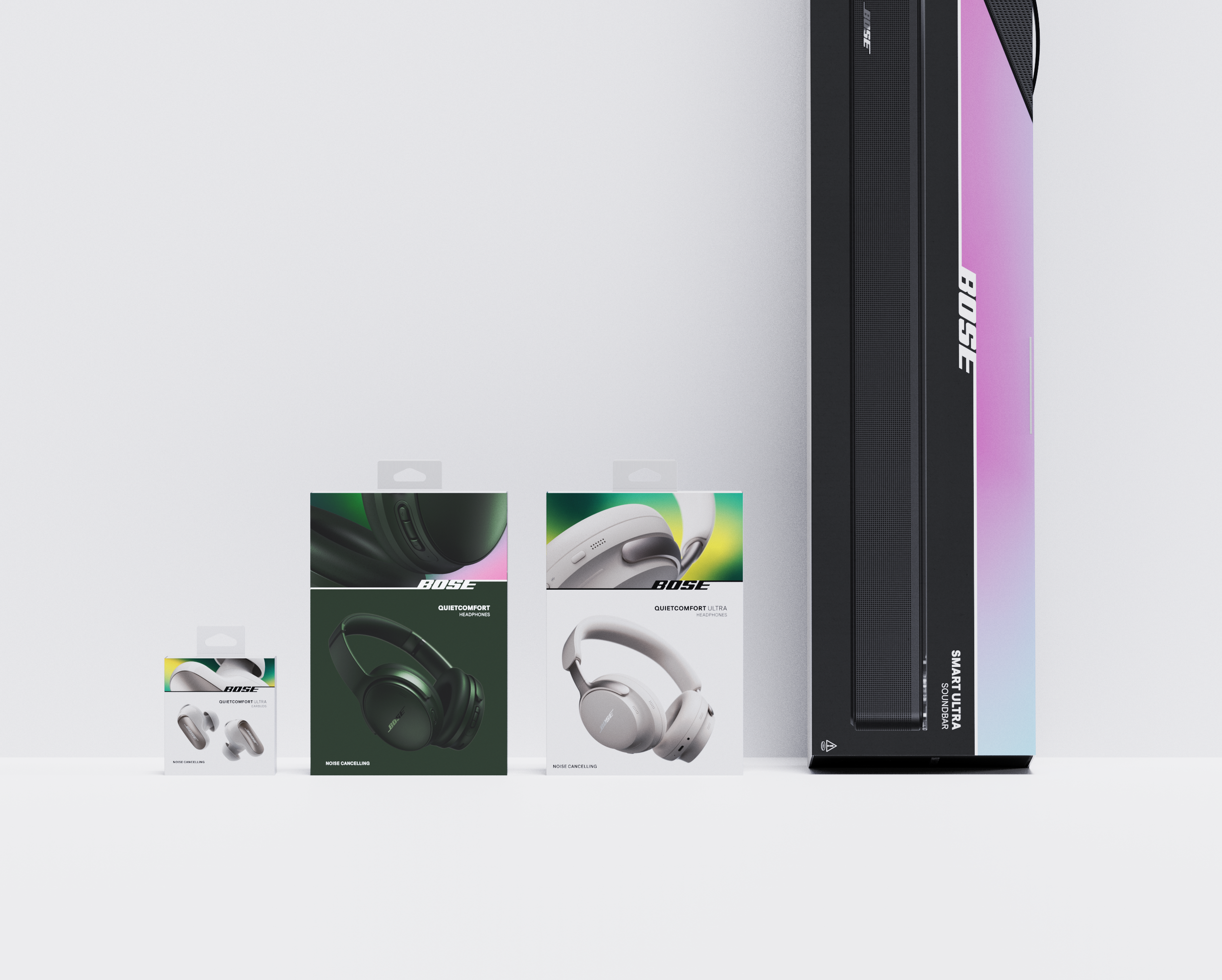 High-fidelity 3D KeyShot render of Bose headphone packaging in a retail shelf environment.