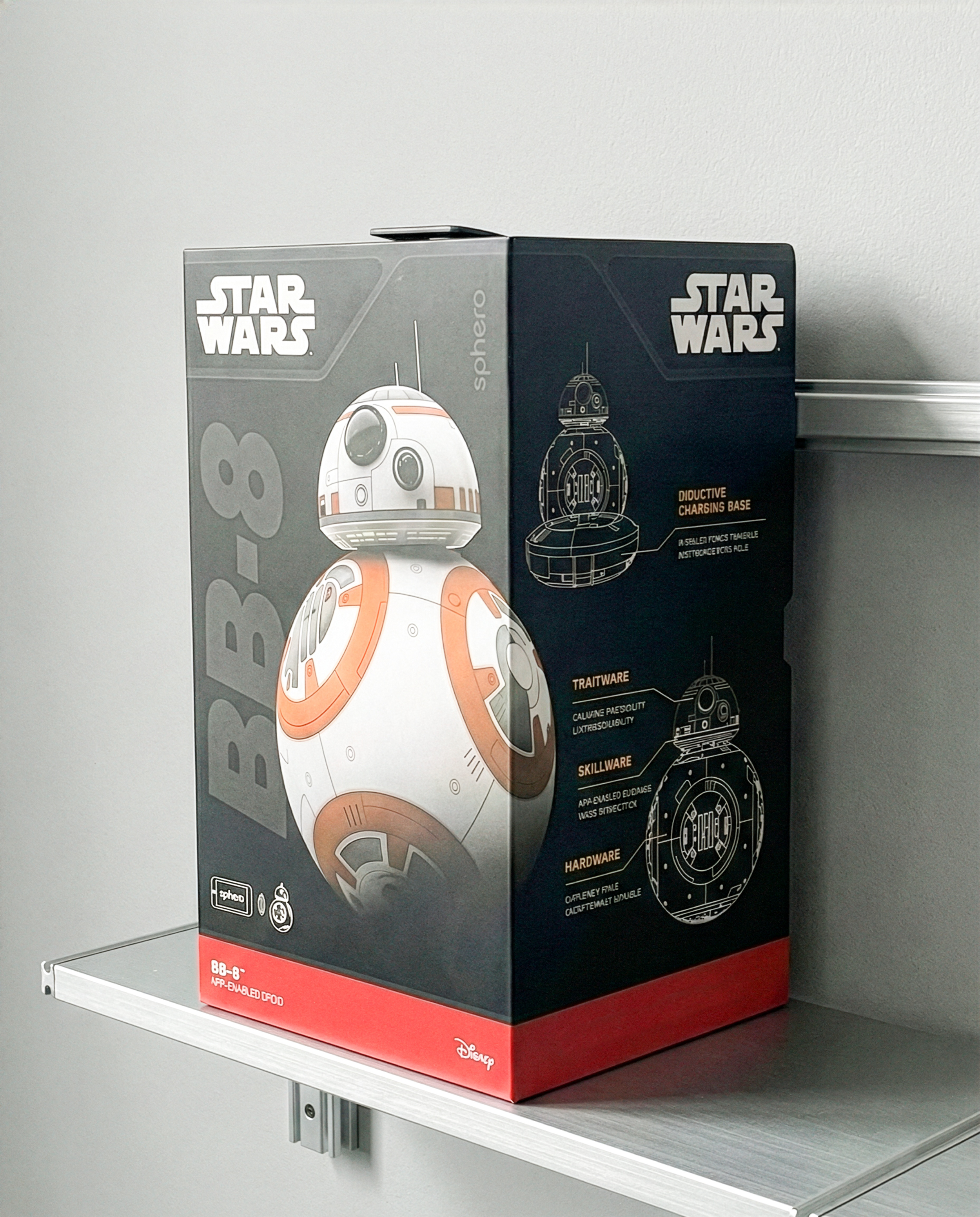 Star Wars BB-8 droid toy retail packaging design on display, featuring technical illustrations and product specifications.