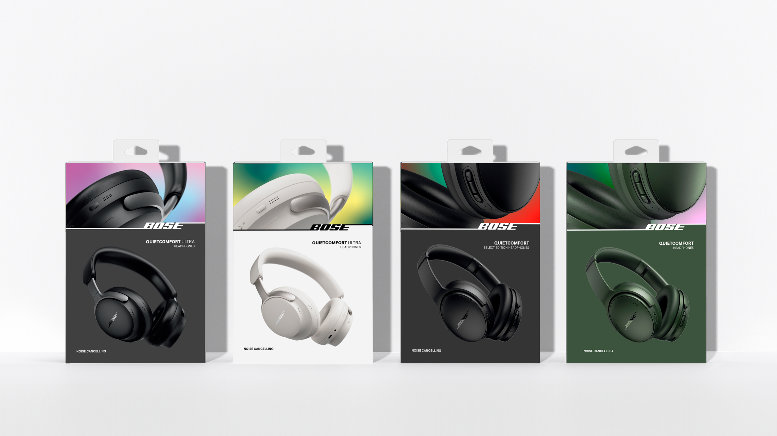 High-fidelity 3D KeyShot render of Bose headphone packaging in a retail shelf environment.