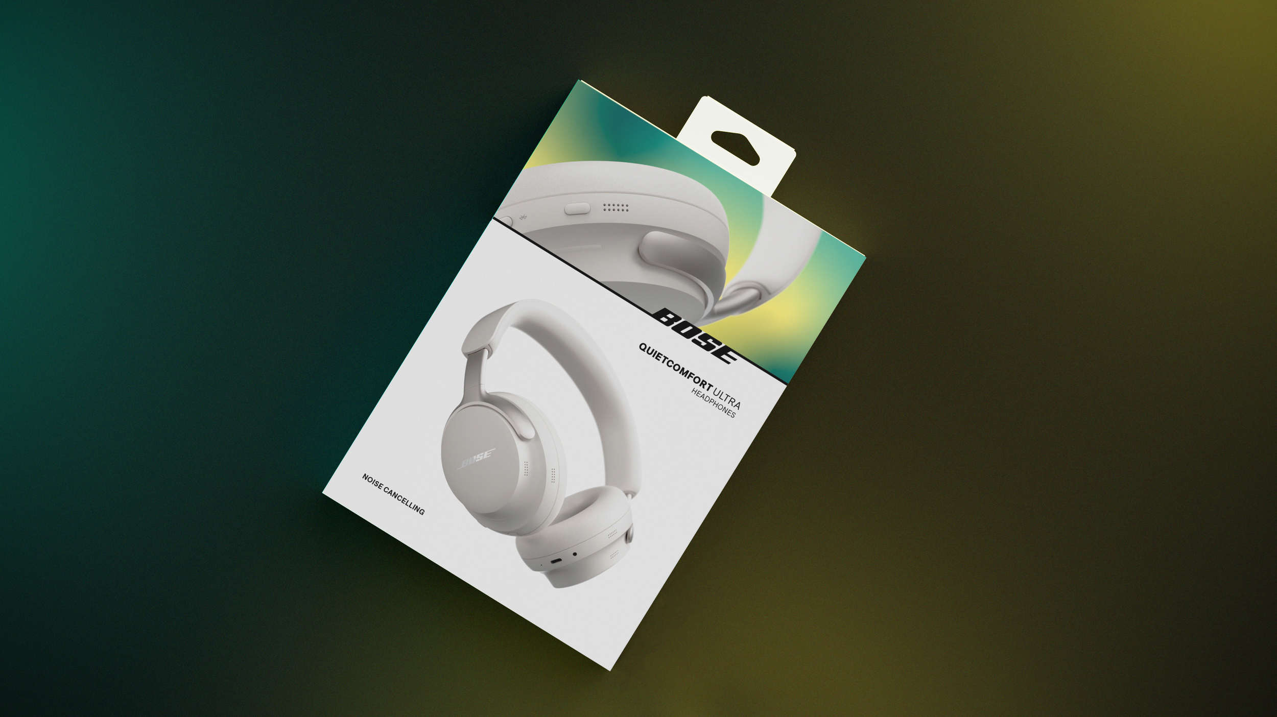 High-fidelity 3D KeyShot render of Bose headphone packaging in a retail shelf environment.