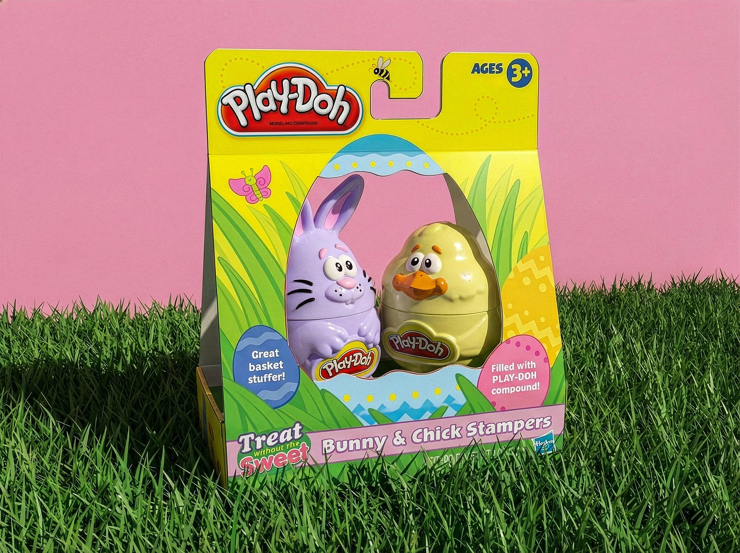 Play-Doh seasonal Easter packaging design for Bunny and Chick Stampers, featuring vibrant toy branding and graphics. Structural packaging design. Product Photography Toys.