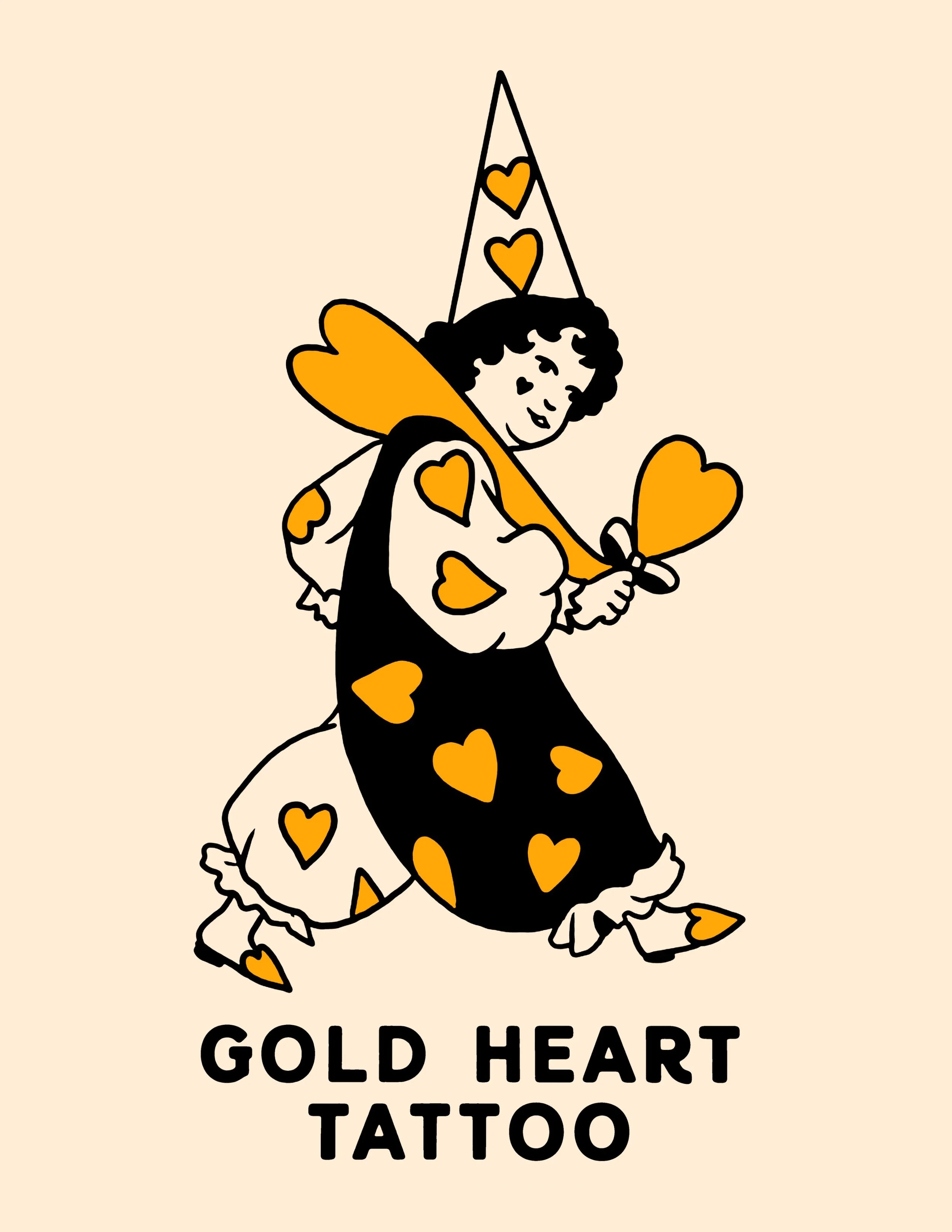 Illustration of a woman with a fairy costume with heart patterns, holding a heart-shaped balloon, with the text 'GOLD HEART TATTOO' underneath.