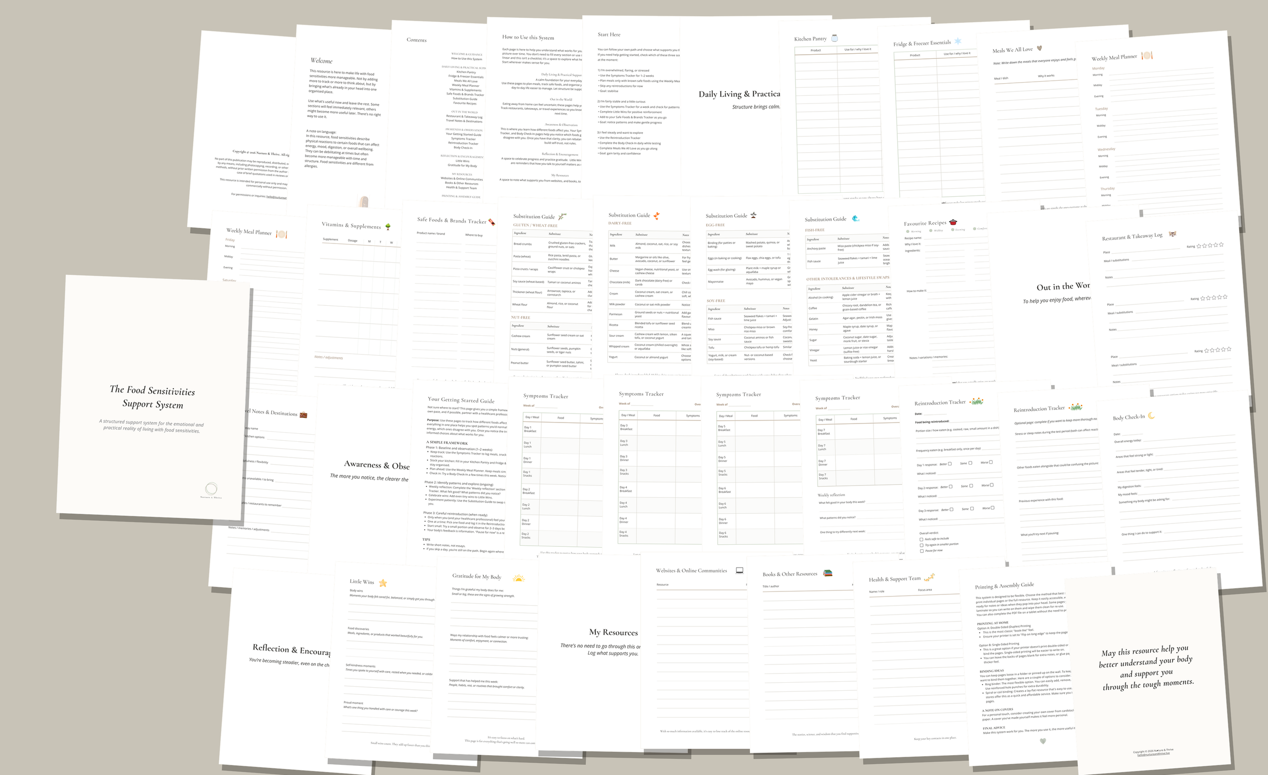 Cover and 39 printable worksheet pages from the Food Sensitivities Support System displayed in a wide, layered spread.