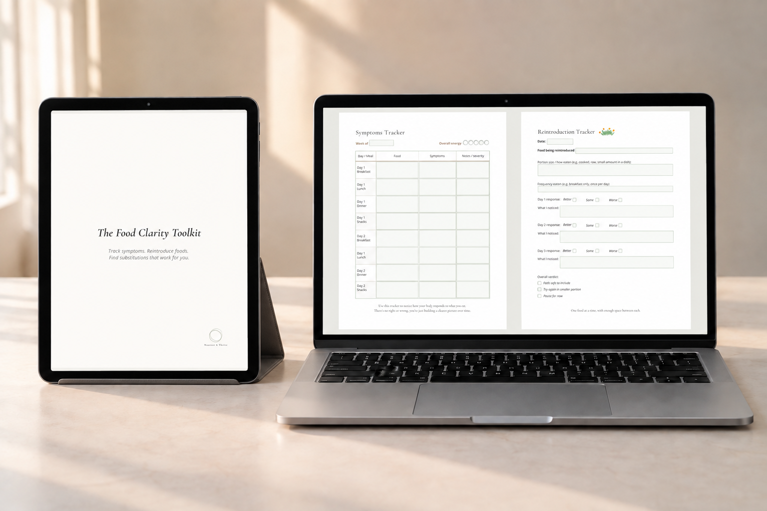 Food Clarity Toolkit digital PDF with Symptoms Tracker and Reintroduction Tracker shown on tablet and laptop