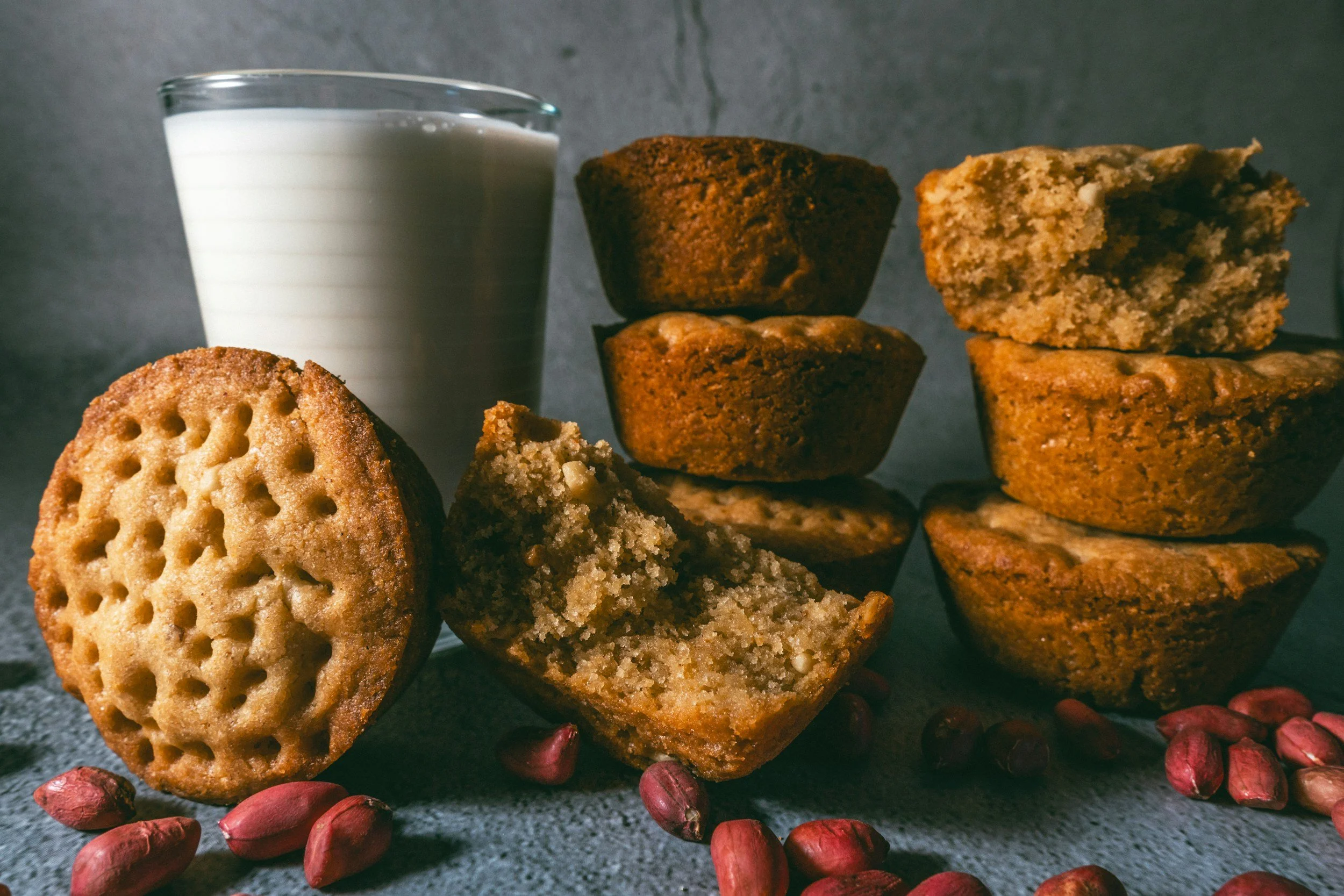 Peanuts, muffins and milk highlighting hidden allergens in everyday food