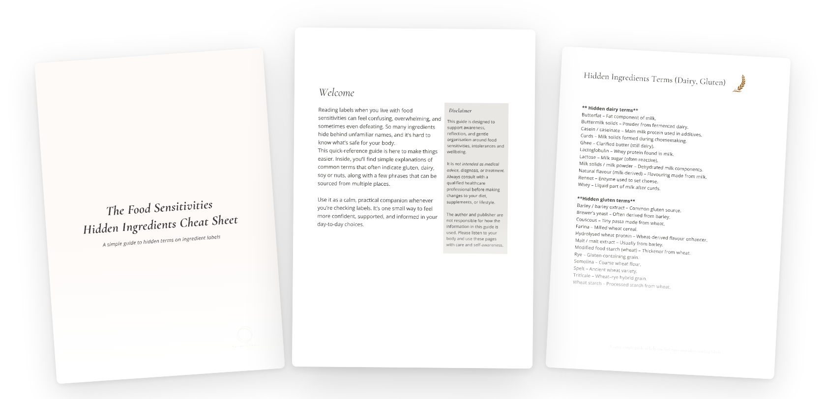 Three pages of the Food Sensitivities Hidden Ingredients Cheat Sheet showing hidden dairy and gluten terms on ingredient labels