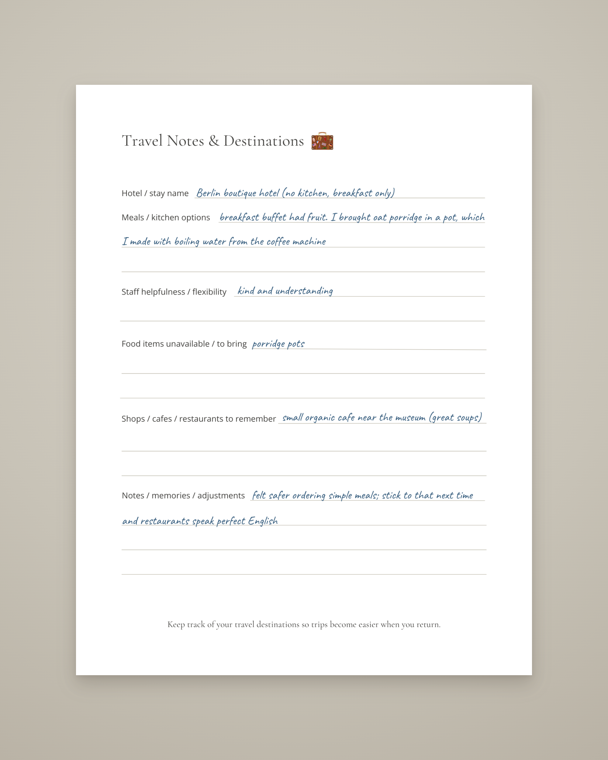 Completed Travel Notes and Destinations worksheet for planning food-sensitive travel
