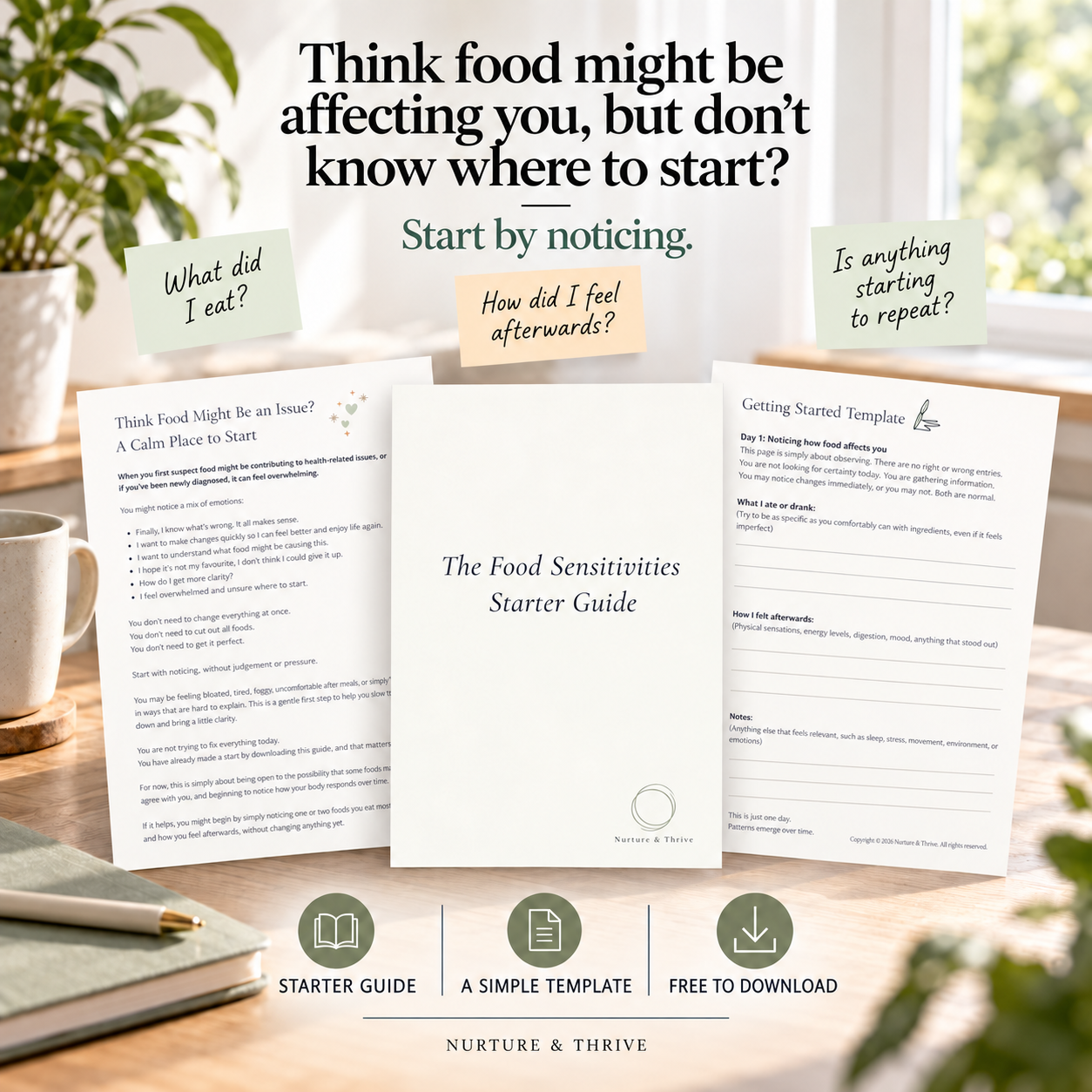 Preview of the free Food Sensitivities Starter Guide, with prompts for noticing foods, symptoms and patterns.