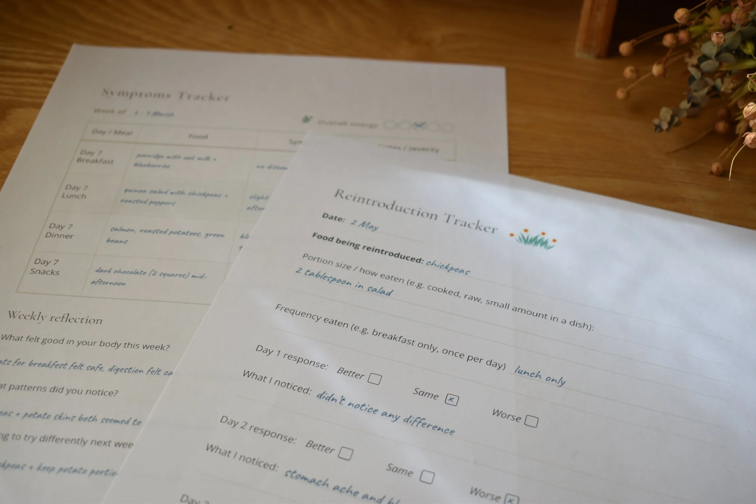 Food sensitivities symptom tracker and reintroduction journal pages