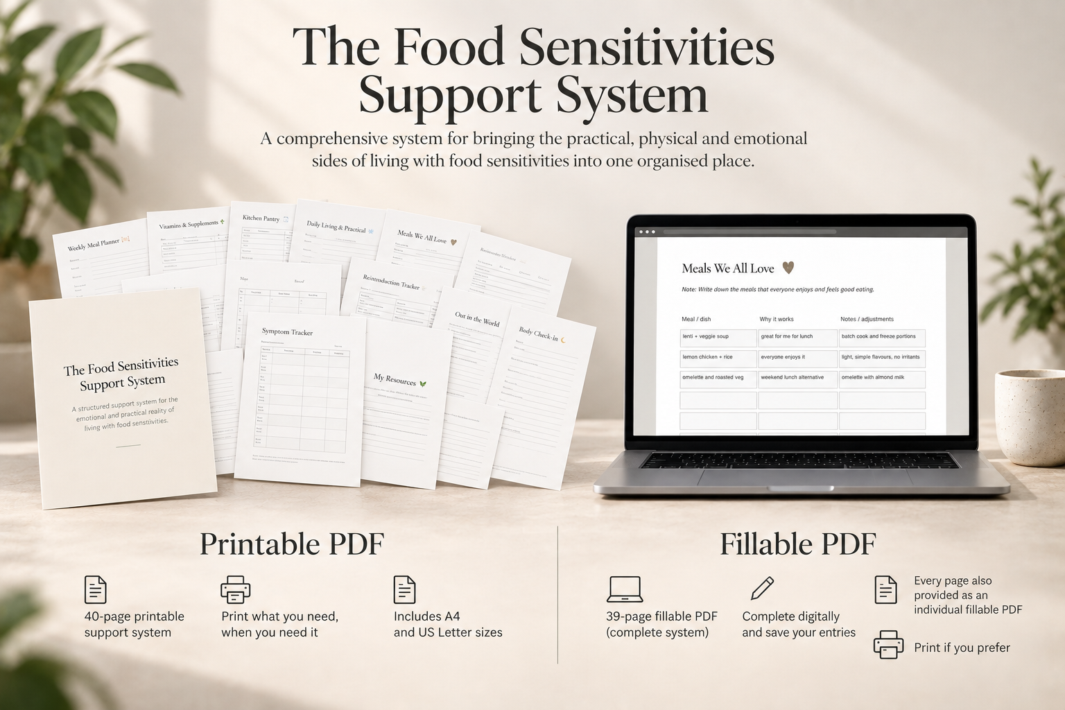 Food Sensitivities Support System showing the 40-page printable PDF and 39-page fillable PDF, with example worksheets displayed alongside a laptop.