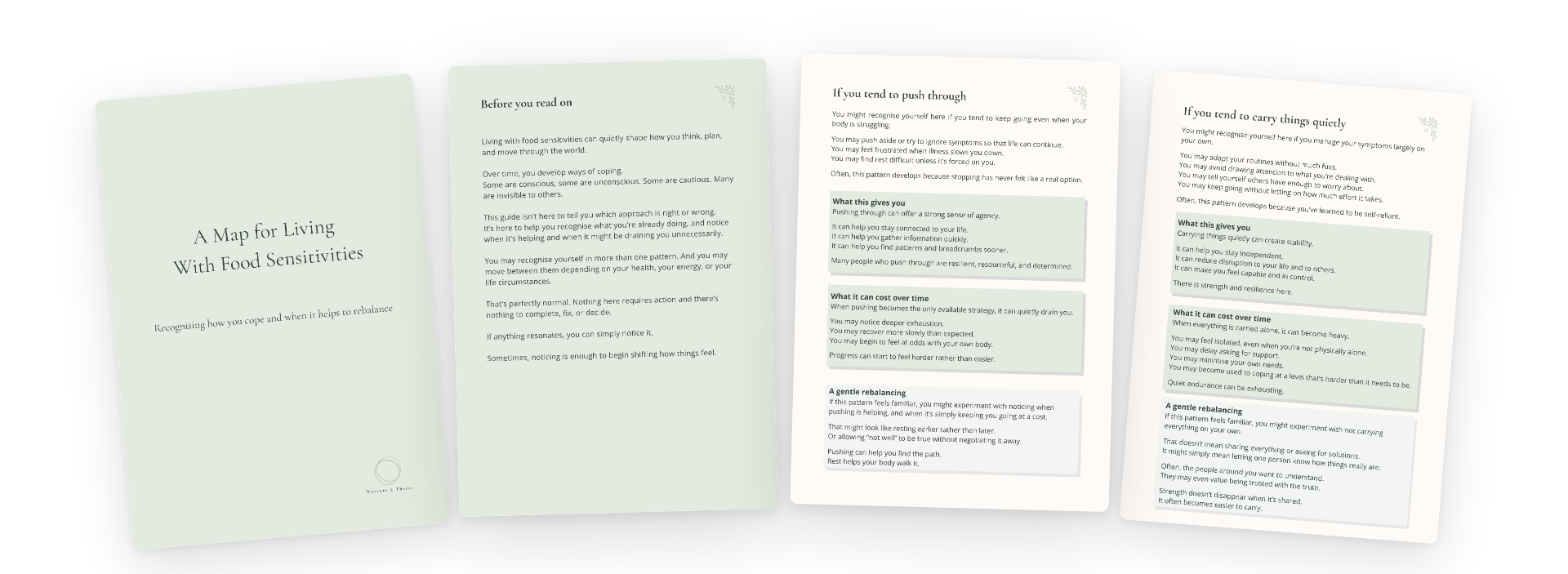 Four pages of A Map for Living With Food Sensitivities guidebook showing practical advice for managing food sensitivities