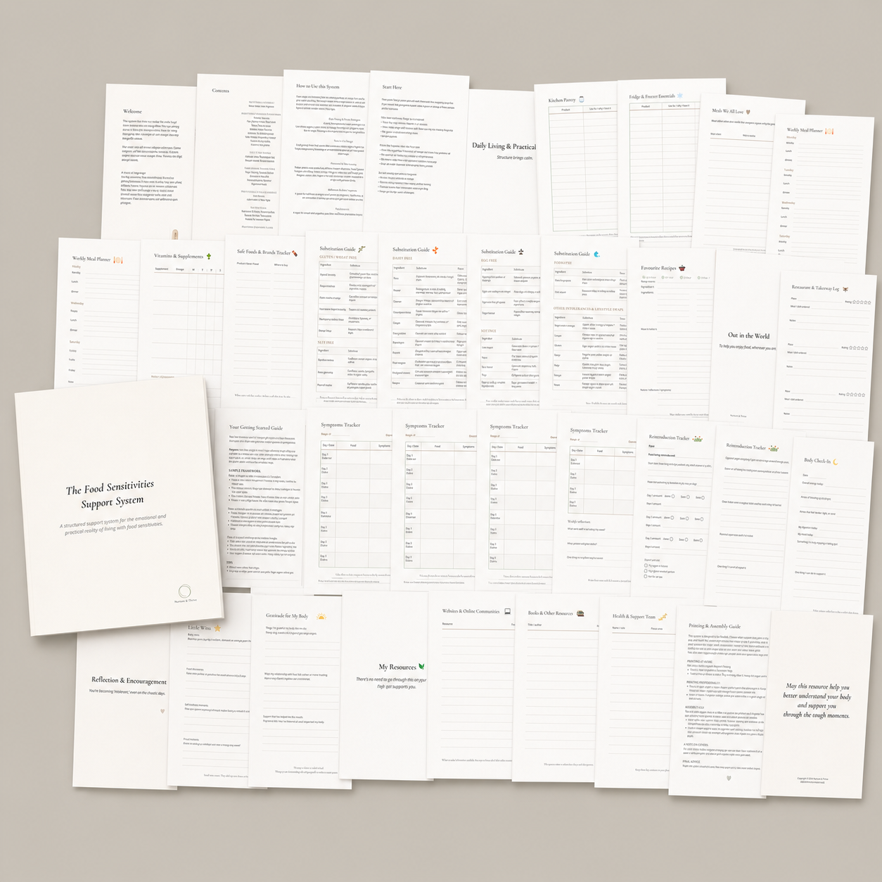 Cover and worksheet pages from the 40-page Food Sensitivities Support System arranged in a layered display.