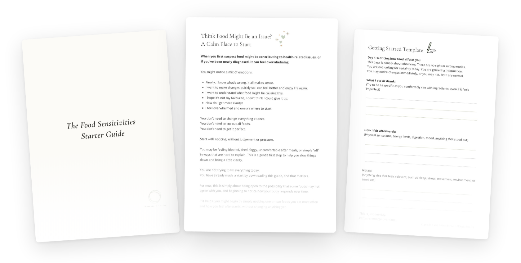Pages from the Food Sensitivities Starter Guide, including a tracking template