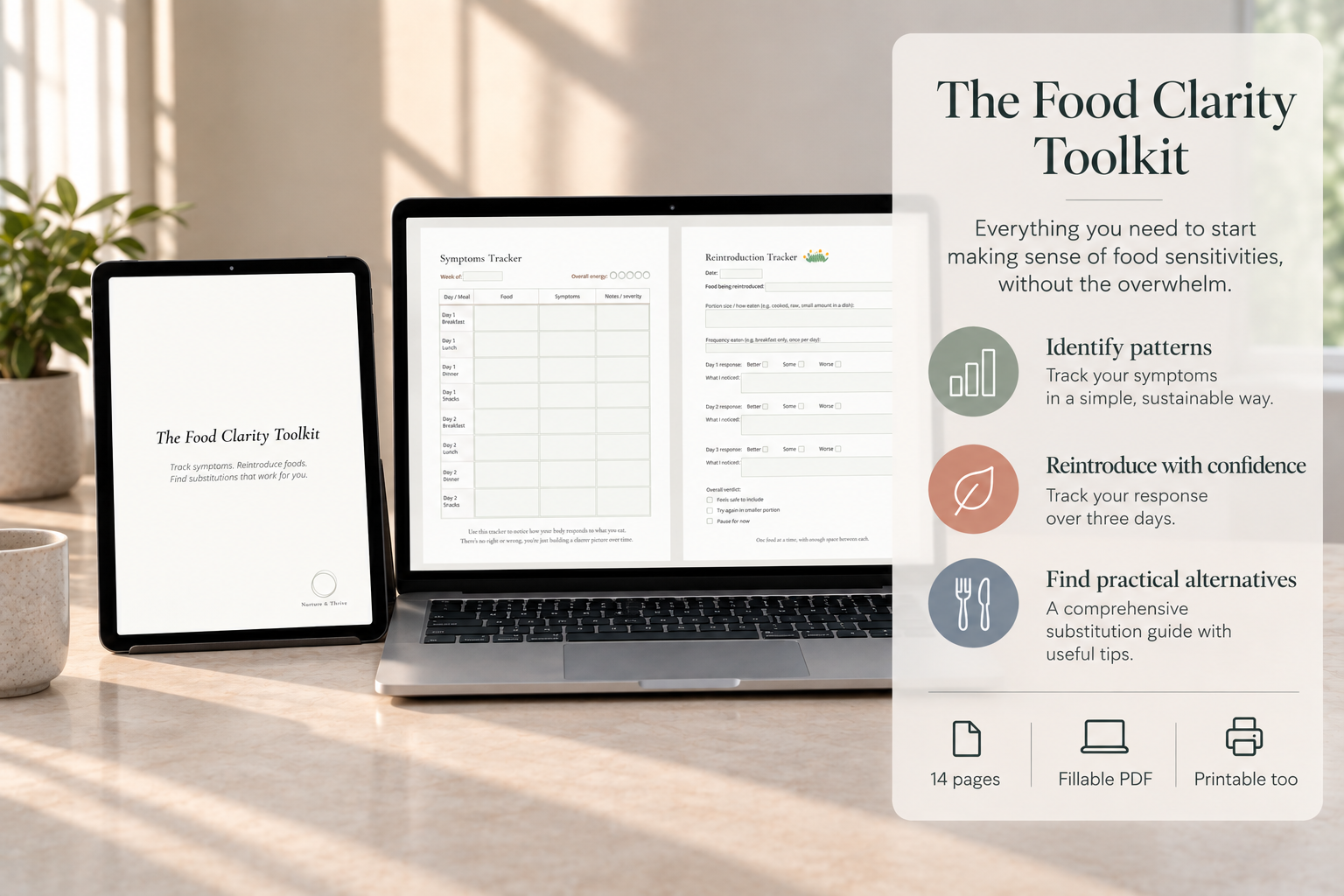 Food Clarity Toolkit showing fillable Symptoms Tracker, Reintroduction Tracker and practical Substitution Guide