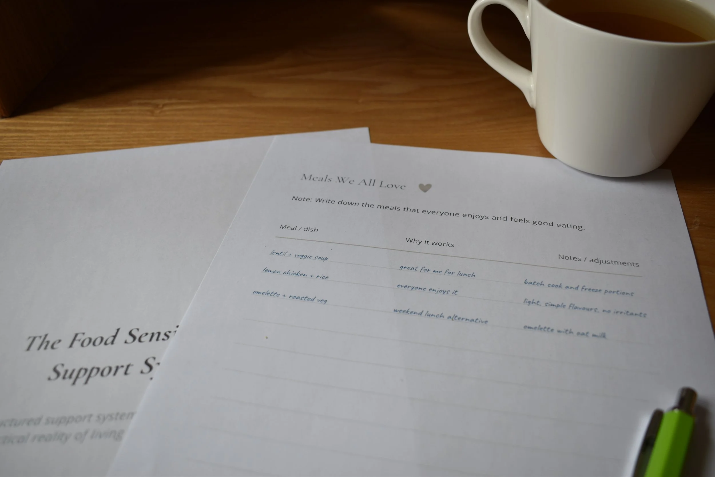 Food sensitivities journal pages on a table with a cup of tea