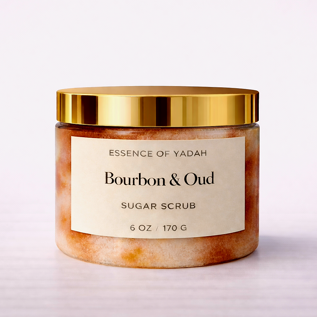 Bourbon & Oud sugar scrub jar with gold lid front view
