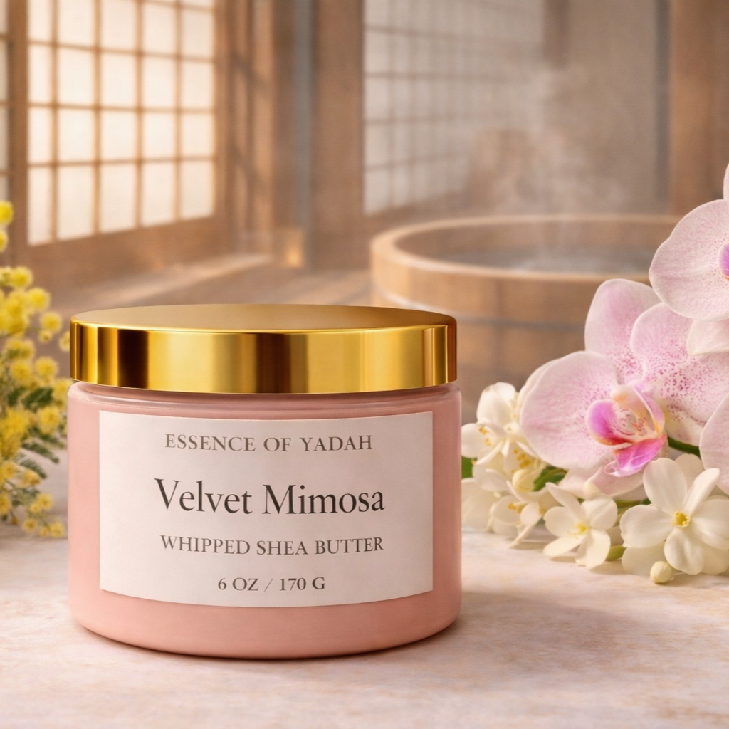 Velvet Mimosa body butter jar with gold lid and florals Essence of Yadah