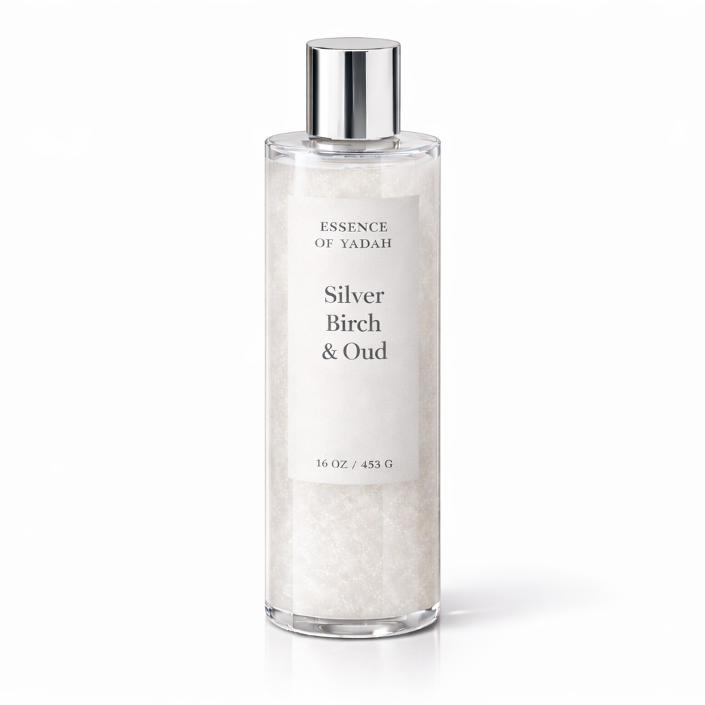 Silver Birch & Oud Body Wash product on white studio background Essence of Yadah Platinum